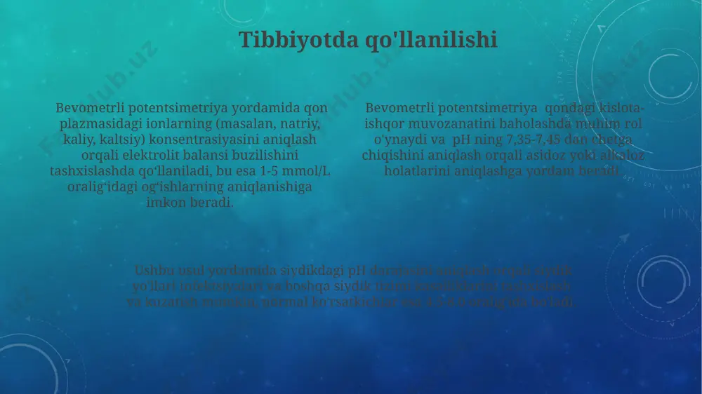 oniyatlarini kengaytirish va aniqlikni 0,1 mv gacha oshirish istiqbollari mavjud. biomolekulalar, jumladan, oqsillar va dnk bilan o'zaro ta'sirini o'rganishda bevosita potensimetriyaning qo'llanilishi va ph 2-12 oralig'ida 99% aniqlikka erishish mumkin. avtomatlashtirilgan bevosita potensiametrik tizimlarni yaratish orqali tahlil vaqtini 5 baravar qisqartirish va bir vaqtning o'zida 100 tagacha namunani tahlil qilish imkoniyati paydo bo'ladi. e'tiboringiz uchun rahmat @taqdimot_robot image3.png