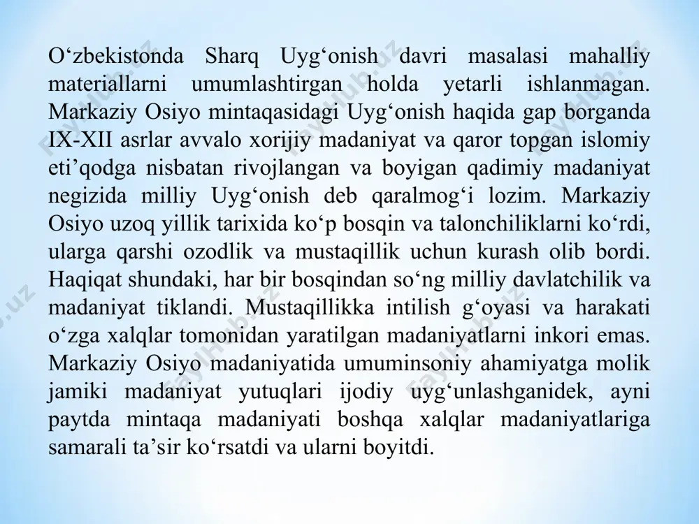 aktablar» namoyandalari emas, balki mustaqil tadqiqotchi sifatida harakat qila boshlaganlar. har bir tashkilotchining o’ziga xos bayon qilish, ilmiy-falsafiy asarlarni o’zi tahlil qilish, voqelikni ravon, ommabop tilda tasvirlash uslublari vujudga keldi. bunday uslublar o’tmish falsafiy adabiyotlarining sxolastik bachkanalikka asoslangan murakkab bayon qilish uslubiga zid edi. bir ibora bilan aytganda, renessans davri falsafasi voqea va hodisalarni chinakamiga real tavsiflashga va shuningdek, amaliy masalalar yechimini topishga e’tiborni qaratdi. renessans madaniyatining asosiy tashviqotchilari shahar aholisining yuqori tabaqa vakillari, yirik ishbilarmonlar, meshchanlar, yuqori ma’lumotga ega bo’lgan cherkov va monastir xodimlari edi. insonparvarlik g’oyalarini targ’ib qilgan bunday targ’ibotchilarning ko’pchiligi lotin tilini mukammal bilgan va antik madaniyat, xususan falsafiy meros bilan yaxshi tanish kishilar edilar. bir ibora bilan aytganimiz-da, renessans madaniyatining mag’zini insonparvarlik g’oyalari tashkil etadi. ko’rinib turibdiki, renessans insoniyat bosib o’tgan tarixiy taraqqiyot yo’lining eng muhim davrlaridan biridir. bu davr jahon sivilizatsiyasi taraqqiyotiga ulkan hissa qo’shgani hammaga ayon. modomiki shunday ekan, renessans davri yevropa falsafasining o’ziga …