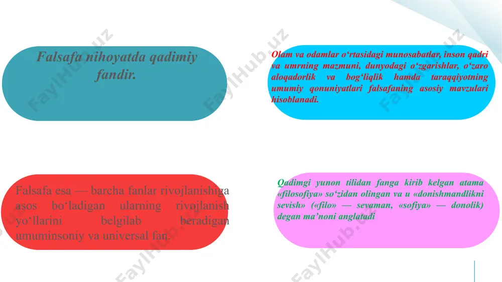 kllanishida bilim g‘oyatda muhim ahamiyat kasb etadi. bilimda dunyoqarashning barcha belgilari mavjud. falsafiy dunyoqarash. 01 02 03 04 falsafiy dunyoqarash maqsadga mavofiq bo‘lib, inson manfaatlariga mos keladi. chunki, inson muayyan maqsad, orzu-umidlar bilan yashaydi, ularni o‘z dunyoqarashida aks ettiradi. falsafiy dunyoqarashning tarixiylik tamoyili jamiyatning o‘tmishi dunyoqarashlar tarixidan iboratligini va uzluksiz rivojlanishini ifodalaydi. falsafiy dunyoqarashning mantiqiy izchilligi tamoyili har qanday dunyoqarash shakli va darajasining mantiqiy birikmalar orqali ifodalanishi bilan izohlanadi. agar mantiqiy izchillik buzilsa, dunyoqarashning tashqi olamni xolis, ilmiy, aniq-ravshan va izchil aks ettirishiga putur etadi. ilmiy- chunki u narsa va hodisalar o‘rtasidagi bog‘lanish, aloqadorlik va munosabatlarni nazariy ong darajasida ham ifodalaydi. falsafiy dunyoqarash shakli obyektiv olamdagi narsa va hodisalarning konkret munosabatlarini aks ettiradi. falsafiy dunyoqarashning asosiy yo‘nalishlari: falsafiy dunyoqarashning baholash vazifasini anglatadi. ya’ni, inson, o‘z ehtiyoj va manfaatlaridan kelib chiqib, narsa-hodisalarni: yaxshi-yomon, foydali-zararli, savob-gunoh, oriyat-benomuslik kabi qarama-qarshi mezonlarga ajratadi. falsafiy dunyoqarashning inson faoliyatini nazorat qilish vazifasi ham bor. bunda dunyoqarashning …