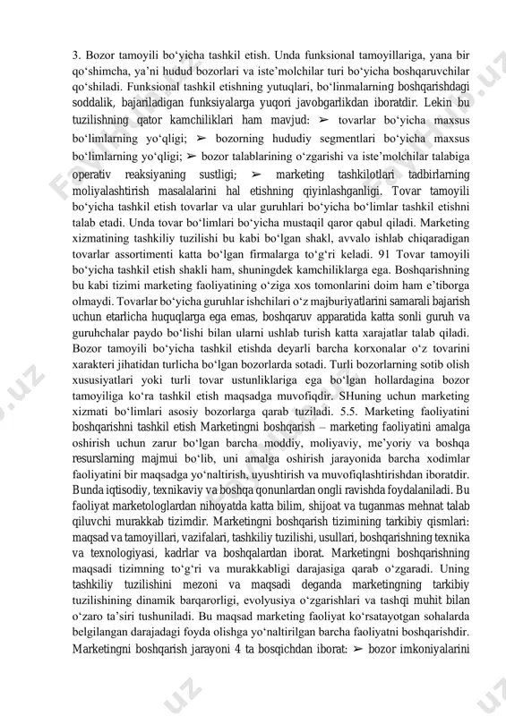 iy yevropa ish kuchini ekspluatatsiya qilish va mavjud marketing kanallari yordamida mahsulotlarni sotish kabi yo’llar bilan ta’minlangan. bundan kelib chiqadiki, xalqaro savdo tizimiga kirish uchun bozorlarni ochish emas, balki yangi industrial mamlakatlar singari g’arb firmalari bilan kurasha oladigan yangi raqobatbardosh sohalarning paydo bo’lishi eng muhim ahamiyat kasb etadi. 3. sharqda ishlab chiqarib, shu yerning o’zida sotish — bu konsepsiya g’arb biznesi uchun ma’lum qiyinchiliklar bilan amalga oshiriladi, chunonchi: yuqori sifatli xom ashyoning yetishmasligi, byurokratik kelishuvlarning murakkabligi, narxlashtirish mexanizmining samarasizligi va, ayrim hollarda, bozor imkoniyatlaridan foydalanishda ko’zda tutib ish qilishning nuqsonlari. bunga qaramay, ishlab chiqarish va sotish strategiyasi ko’pgina g’arb firmalari tomonidan faol amalga oshirilyapti. masalan, markaziy osiyo bozori o’z miqyoslari bilan eng yirik ishlab chiqaruvchilar, shu jumladan, kir yuvish vositalari, tish pastasini chiqaradigan «prokter end gembl» va «koka-kola» kompaniyalarini, «nestle» konserni va boshqalarni qiziqtirib qoldi. 2. korxonalarda marketing xizmatini tashkil etish marketingni tashkil etish - marketing xizmatini boshqaradigan idoralarning tashkiliy …