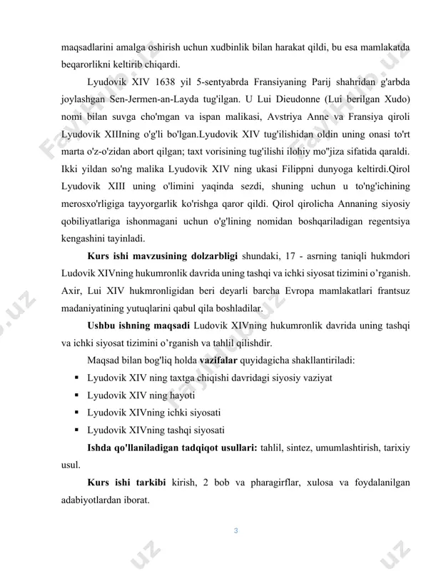ga chiqishi davridagi siyosiy vaziyat. louis-dieudonnet ismini tug'ilganda olgan lui xiv de burbon (" xudo tomonidan berilgan", fr. louis-dieudonne), shuningdek, "quyosh qiroli" (fr. louis xiv le roi soleil) sifatida ham tanilgan, shuningdek, lui xiv buyuk, (1638 yil 5 sentyabr (16380905), sen-jermen-en-laye - 1715 yil 1 sentyabr , versal) - 1643-yil 14-maydan fransiya va navarra qiroli . u 72 yil hukmronlik qildi - bu tarixdagi boshqa evropa monarxlaridan uzoqroq. yoshligida frond urushlaridan omon qolgan lui bu tamoyilning sodiq tarafdoriga aylandi. mutlaq monarxiya va shohlarning ilohiy huquqi (uni ko'pincha "davlat - men" iborasi bilan hisoblashadi), u o'z hokimiyatini mustahkamlashni asosiy siyosiy lavozimlarga davlat arboblarini muvaffaqiyatli tanlash bilan birlashtirdi. lui hukmronligi – fransiya birligi, uning harbiy qudrati, siyosiy salmog‘i va intellektual nufuzi sezilarli darajada mustahkamlangan, madaniyat gullagan davr tarixga “buyuk asr” sifatida kirdi. shu bilan birga, lui tomonidan olib borilgan va yuqori soliqlar talab qiladigan doimiy urushlar mamlakatni vayron qildi, diniy bag'rikenglikning bekor …