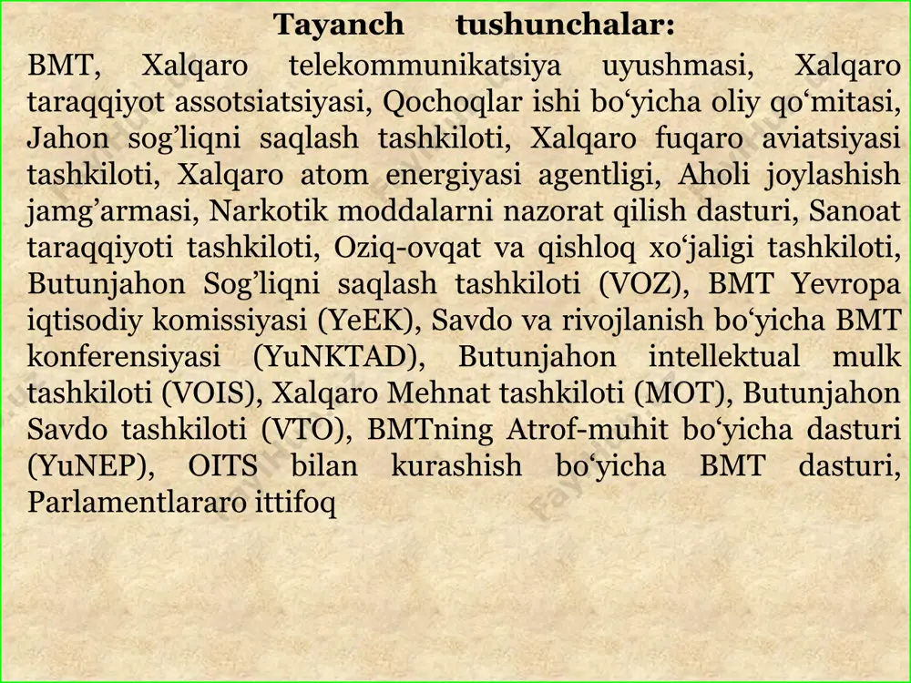 vqat va qishloq xо‘jaligi tashkiloti singari ixtisoslashgan muassasalariga a’zo bо‘ldi. sо‘nggi paytlarda o‘zbekistonning zamonaviy taraqqiyoti va erishgan muvaffaqiyatlari birlashgan millatlar tashkiloti, yevropada xavfsizlik va hamkorlik tashkiloti, mustaqil davlatlar hamdо‘stligi singari kо‘p tomonlama institutlar hamda boshqa tashkilotlar doirasida alohida qiziqish bilan kо‘rib chiqilayotgani ham tez-tez kuzatilayotir. o‘zbekistonning davlat va jamiyatni modernizatsiyalash bо‘yicha e’tiborga molik tajribasi bmt tizimiga kiradigan xalqaro institutlarda ham alohida qiziqish uyg’otayapti. ular orasida jenevadagi bmt bо‘limi, butunjahon sog’liqni saqlash tashkiloti (voz), bmt yevropa iqtisodiy komissiyasi (yeek), savdo va rivojlanish bо‘yicha bmt konferensiyasi (yunktad), butunjahon intellectual mulk tashkiloti (vois), xalqaro mehnat tashkiloti (mot), butunjahon savdo tashkiloti (vto), bmtning atrof-muhit bо‘yicha dasturi (yunep), oits bilan kurashish bо‘yicha bmt dasturi, parlamentlararo ittifoq hamda boshqa tashkilotlar mavjud. shu davrgacha bmt bosh minbarida o‘zbekiston respublikasi birinchi prezidenti islom karimov va prezidentimiz shavkat mirziyoyevning barcha chiqishlari: 1. 1993-yilda о‘tgan bmt bosh assambleyasining 48-sessiyasida ilk bor birinchi prezidentimiz islom karimov 1993-yil nyu-yorkdagi bosh qarorgohda nutq …
