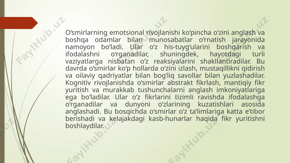o‘smirlarning psixologik va pedagogik yordamga ehtiyoji va uni ta’minlash yo‘llari. o‘smirlarning psixologik yordamga ehtiyoji birinchi navbatda o‘zini anglash va emotsional barqarorlikni topish bilan bog‘liq. o‘smirlar bu davrda o‘z his-tuyg‘ularini boshqarishni o‘rganadilar va o‘zlariga nisbatan fikrlar shakllantirishadi. ular o‘zlarini qidirishadi, ko‘pincha o‘zini past baholash yoki haddan tashqari yuqori baholash holatlariga duch keladilar. bu holatlar o‘smirlarning o‘ziga bo‘lgan ishonchini kamaytirishi yoki ularga ijtimoiy aloqalarda qiyinchiliklar keltirib chiqarishi mumkin. psixologik yordam, shuningdek, o‘smirlarning stressni boshqarish, konfliktlarni hal qilish va ijtimoiy moslashishni yaxshilashda muhim rol o‘ynaydi. pedagogik yordam esa o‘smirlarning ta’lim jarayonidagi ehtiyojlarini qondirishga qaratilgan bo‘lishi kerak. bu davrda o‘smirlar o‘qish motivatsiyasi, o‘z maqsadlarini belgilash va o‘rganishga bo‘lgan qiziqishlarini shakllantirishda yordamga muhtoj. pedagoglar o‘smirlar bilan individual yondashuvni tanlashlari kerak, chunki har bir o‘smirning o‘rganish usuli va ehtiyojlari boshqacha bo‘lishi mumkin. darslar orqali o‘smirlarni qiziqtirish, ularning fikrlash qobiliyatini rivojlantirish va o‘qish jarayonini samarali tashkil etish orqali pedagogik yordam ta’minlanadi. shuningdek, o‘smirlarning psixologik va pedagogik yordamga …