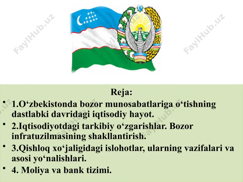 lar. jamiyatda siyosiy barqarorlikni saqlash va mustahkamlash jadal iqtisodiy rivojlanish ish o'rinlarini yaratish, bandlik muammosini hal qilish bozorni zarur tovarlar va xizmatlar bilan to'ldirish aholining moddiy farovonligini oshirish 10 kichik biznes va xususiy tadbirkorlikni rivojlantirish o’zbekiston tarixi 1 1991-1996 yillar 2 1996-2000 yillar 3 2000-2016 yillar 4 2016-2020 yillar iqtisodiyotdagi tarkibiy o‘zgarishlar. bozor infratuzilmasini shakllantirish 5 1 2 3 4 mustaqillik yillarida birinchi marta erishilgan mamlakatning ijtimoiy-iqtisodiy va siyosiy hayotidagi barqarorlik chet el kapitali uchun keng imkoniyatlar ochdi. 35 mamlakat, dunyoning o‘nlab yirik banklari bilan imzolangan savdo-iqtisodiy shartnomalar o‘zbekistonning rivojlangan davlatlar o‘rtasidagi savdo aloqalarini kengaytirishga va xorijiy investitsiyalardan samarali foydalanishga xizmat qilmoqda. o‘zlashtirilgan xorijiy investitsiyalar hajmi yil sayin ortib bormoqda. agar 1991-1998 yillarda. respublika iqtisodiyotining ustuvor tarmoqlariga 8 milliard aqsh dollaridan oshiq investitsiya kiritilgan bo‘lsa, 1999 yilda 1,324 million aqsh dollaridan ortiq miqdordagi xorijiy investitsiyalar o‘zlashtirildi. boshqacha qilib aytgan, barcha kapital qo‘yilmalarning qariyb 24% xorijiy investitsiyalar hissasiga to‘g‘ri keldi. tarkibiy …