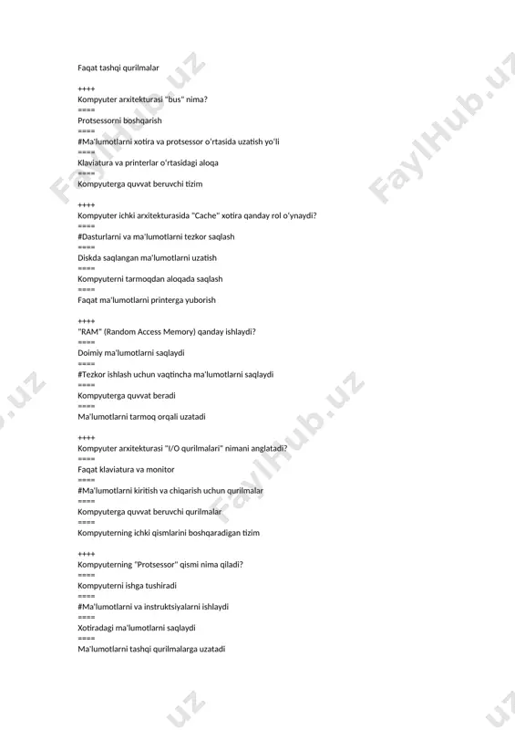 ==== #kiritish qurilmasi ==== chiqarish qurilmasi ==== xotira qurilmasi ==== hisoblash qurilmasi ++++ "usb flesh-disk" qanday qurilma sifatida ishlaydi? ==== #kiritish-chiqarish qurilmasi ==== faqat chiqarish qurilmasi ==== faqat kiritish qurilmasi ==== hisoblash qurilmasi ++++ "touchpad" (sensorli panel) nima uchun ishlatiladi? ==== #ma'lumotlarni kiritish uchun ==== ma'lumotlarni chiqarish uchun ==== hisoblashni amalga oshirish uchun ==== komp'yuterning quvvatini boshqarish uchun ++++ komp'yuterga ovozli ma'lumotlarni kiritish uchun qanday qurilma ishlatiladi? ==== #mikrofon ==== klaviatura ==== printer ==== monitor ++++ ma'lumotlarni tashqi qurilmadan kompyuterga kiritish uchun qanday port ishlatiladi? ==== #usb porti ==== hdmi porti ==== vga porti ==== ethernet porti ++++ komp'yuterdan tashqi qurilmaga ma'lumotlarni chiqarish uchun qaysi qurilma ishlatiladi? ==== #printer ==== klaviatura ==== scanner ==== mikrofon ++++ "web-kamera" qanday turdagi qurilma hisoblanadi? ==== #ma'lumotlarni kiritish qurilmasi ==== ma'lumotlarni chiqarish qurilmasi ==== hisoblash qurilmasi ==== tarmoq qurilmasi ++++ komp'yuterdagi "speakers" (kuchaytirgichlar) qanday vazifani bajaradi? ==== #ovozli ma'lumotlarni chiqarish ==== ma'lumotlarni kiritish ==== …