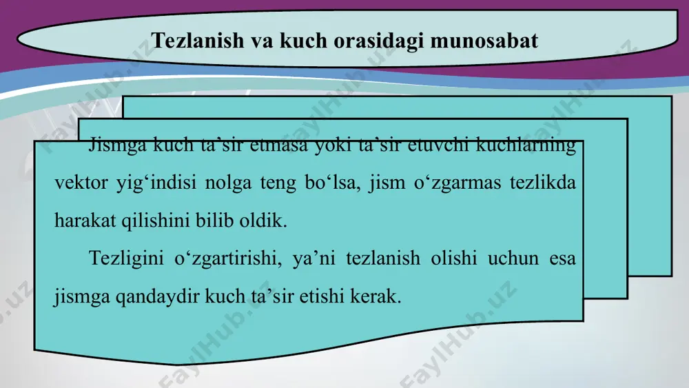 vachaga ta’sir etuvchi kuchni o‘zgarmas (f1 = 0,1 n) qoldirib, aravachaning massasini o‘zgartirib boramiz. aravachaning massasi m1 = 1 kg bo‘lsin. aravacha s = 1 m yo‘lni t1 = 4,5 s da bosib o‘tadi. bu holda aravachaning tezlanishi 1-tajribadagidek a1 ≈ 0,1 m/s2 bo‘ladi. 2. aravacha ustiga xuddi shunday boshqa aravachani to‘ntarilgan holda qo‘yaylik. endi aravachaning massasi m2 = 2 kg bo‘ldi. aravacha 1 m yo‘lni t2 = 6,5 s da bosib o‘tganini, hisob-kitoblar esa tezlanish a2 ≈ 0,05 m/s2 ekanligini ko‘rsatadi. 3. aravachaning ustiga ikkita aravacha qo‘yib, uning massasini m3 = 3 kg ga yetkazamiz. u holda aravacha 1 m yo‘lni t3 = 7,8 s da bosib o‘tib, tezlanish a3 ≈ 0,033 m/s2 ni tashkil etadi. tajriba natijalaridan ko‘rinadiki, aravachaning massasi m qancha marta ortsa, uning olgan a tezlanishi shuncha marta kamayadi (70-rasm), ya’ni: bir xil kuch ta’sirida jismlarning olgan tezlanishlari ular massasiga teskari proporsionaldir. nyutonning ikkinchi qonuni formulasi …