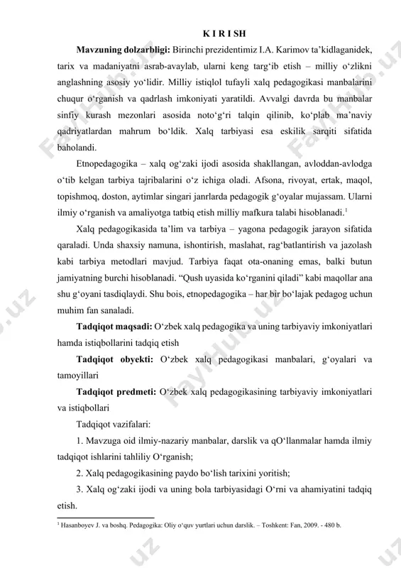 talab etadi. [footnoteref:2] [2: a. a. axmedov, (2023). ijtimoiy pedagogika. o'quv qo'llanma, kamolot, buxoro.] respublikamiz sobiq ittifoq tarkibida davrida uning ta’lim tizimi markazlashtirilgan, milliy mintaliteti e’tiborga olinmagan, o‘ta mafkuralashgan, zarur kasbiy yo‘naltirishga e’tibor berilmagan edi. mustaqillikning ilk kunlaridanoq mavjud ta’lim sohasidagi ijobiy natijalarni saqlab qolish va o‘tmishdan qolgan merosning salbiy jihatlarini hamda o‘tish davri bilan bog‘liq qiyinchiliklarni bartaraf etish uchun bosqichma - bosqichlik asosida jiddiy choralar ko‘rish zarur edi. shu nuqtai nazardan muhtaram prezidentimiz ta’lim - tarbiya masalasiga kuyunchaklik, diqqat, qat’iyat bilan yondashib, jamiyat rivojini dastlab ta’lim va tarbiya masalalariga bog‘liq ekanligini ham ilmiy - nazariy, ham amaliy jihatdan asoslab berdi. mamlakatimizning birinchi rahbari islom karimov yosh avlod ta’lim - tarbiyasi haqida davlatning bosh islohatchilik roli to‘g‘risida to‘xtalar ekan, “bizning asosiy boyligimiz, rivojlangan davlat tuzishga olib boradigan yo‘ldagi asosiy tayanchimiz - insondir. yuksak malakali va yuksak ma’naviyatli insondir. bu narsa ayniqsa yosh avlodga tegishli. kelajagi buyuk davlat, eng birinchi navbatda, …