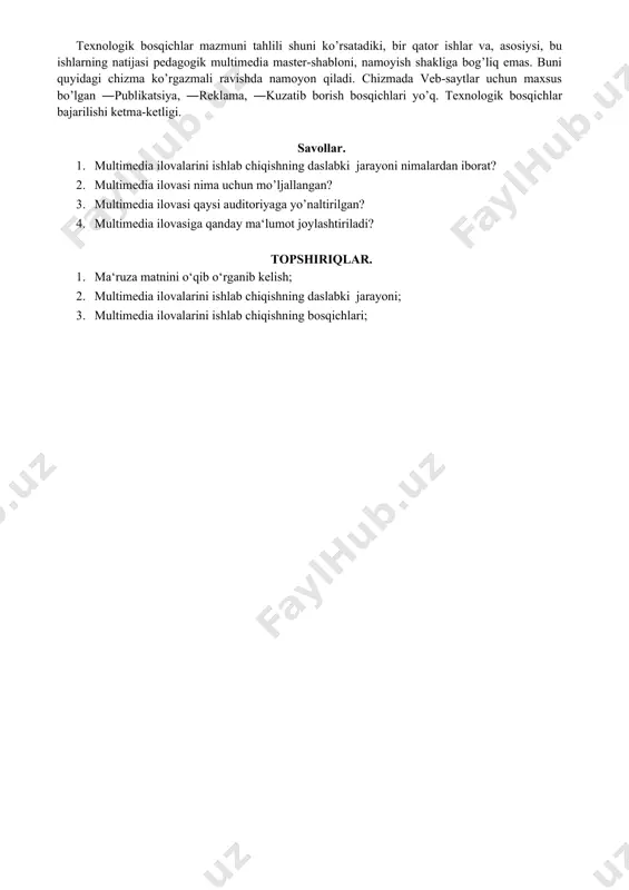 ilishi uchunsayt adresi va vebsaytga joylashtirilgan materiallar haqida annotatsiya orqali xabardor qilish kerak. buning uchun quyidagi imkoniyatlardan foydalaniladi: · veb-sayt manzilini xatga, tashrif qog’oziga, broshyuralarga, · byulletenlarga, bukletlarga, maxsus kompyuter nashrlariga, internet resurslarining ―sariq sahifalar sonlariga va boshqa nashrlarga kiritish. · mashhur izlash saytlarida veb-saytni ro’yxatdan o’tkazish. · veb-saytlarda ishorat (ssыlka) joylashtirish. · web-sayt reklamasi uchun bannerlardan foydalanish. kuzatib borish (web-sayt uchun). veb-saytga murojaatlar uning nashr etilishi va reklamasidan so’ng sezilarli darajada unga joylashtirilgan ma‘lumotlarning foydaliligi, yangiligi va aktualligi bilan belgilanadi. veb-sayt imidjini saqlab turish uchun undagi ma‘lumotlarni doimiy yangilab borish tavsiya etiladi, aks holda saytning potensial tashrifchilari unga qayta kirmasligi ehtimoli yuqori (butunjahon o’rgimchak to’rida necha yillardan buyon yangilanmagan saytlar ham mavjudligini ta‘kidlaymiz). texnologik bosqichlarni amalga oshirish chizmasi. texnologik bosqichlar mazmuni tahlili shuni ko’rsatadiki, bir qator ishlar va, asosiysi, bu ishlarning natijasi pedagogik multimedia master-shabloni, namoyish shakliga bog’liq emas. buni quyidagi chizma ko’rgazmali ravishda namoyon qiladi. chizmada veb-saytlar uchun …
