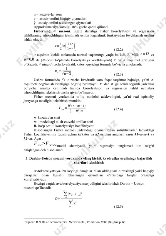 lingan ekonometrik modellarning ishonchliligini har tomonlama tekshirish va baholash lozim. 2. ekonometrik modellar sifati va ahamiyatini approksimatsiya xatoligi, fisher mezoni yordamida baholash approksimatsiya xatoligi (12.1) n - kuzatuvlar soni y - asosiy omilni haqiqiy qiymatlari ŷ - asosiy omilni tekislangan qiymatlari approksimatsiya xatoligi 10% gacha qabul qilinadi. fisherning mezoni. ingliz statistigi fisher korrelyatsion va regression tahlillarning ishonchliligini tekshirish uchun logarifmik funksiyadan foydalanish usulini ishlab chiqdi: . (12.2) taqsimot kichik tanlamada normal taqsimotga yaqin bо‘ladi. f. mills va da (-bosh tо‘plamda korrelyatsiya koeffitsiyenti) va taqsimot grafigini о‘tkazadi. ning о‘rtacha kvadratik xatosi quyidagi formula bо‘yicha aniqlanadi: . (12.3) ushbu formulada о‘rtacha kvadratik xato faqat taqsimot hajmiga, ya’ni taqsimoti bog‘lanish zichligiga bog‘liq bо‘lmaydi. dan ga о‘tish tegishli jadvallar bо‘yicha amalga oshiriladi hamda korrelyatsion va regression tahlil natijalari ishonchliligini tekshirish uncha qiyin bо‘lmaydi. fisher mezoni yordamida tо‘liq modelni adekvatligini, ya’ni real iqtisodiy jarayonga mosligini tekshirish mumkin: (12.4) n- kuzatuvlar soni m - modeldagi ta’sir …