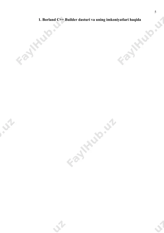 ri (chap tomonda) hamda yangi ilova dasturi shakli (o’ng tomonda) paydo bo’ladi.yangi ilova dasturi shakli orqasida kodni tahrirlovchi oyna ham mavjud bo’ladi. shakllar c++ builder ning asosi hisoblanadi.foydalanuvchi ilova dasturi interfeysini yaratish uchun oynaga c++ builder ob’yekti formasi elementlarini, ya’ni komponentlarni qo’yish bilan amalga oshiriladi.c++ builder komponentlari o’ng tomondagi komponentlar palitrasida joylashgan bo’ladi. c++ builderning eng yaxshi tomonlaridan biri shuki, unda dasturchi o’zi hohlagan yangi komponent yaratishi va uni komponentlar palitrasiga sozlab olishi mumkin. bundan tashqari turli loyihalar uchun yangi komponentlar yaratishmumkin. dastur yaratish muhiti.dastur yaratish umumlashgan muhiti redaktor form – shakllar muharriri, inspektor ob’ektov – ob’ektlar inspektori, palitra komponentov – komponentlar palitrasi,administrator proekta – proekt administratori va to’la umumlashgan redaktor koda –kodlar muharriri hamda kodlar va resurslar ustidan to’liq nazoratni ta’minlaydigan,dastur ilovalarini tezkor yaratadigan. otladchik - instrumentov - sozlashinstrumentlari kabilarni birlashtiradi. komponentalar. komponentalarni shaklga o’rnatish uchun komponentlar palitrasidagi kerakli piktogramma tanlanadi, so’ngra shaklning komponenta joylanishi kerak bo’lgan joyi tanlanadi.shundan …