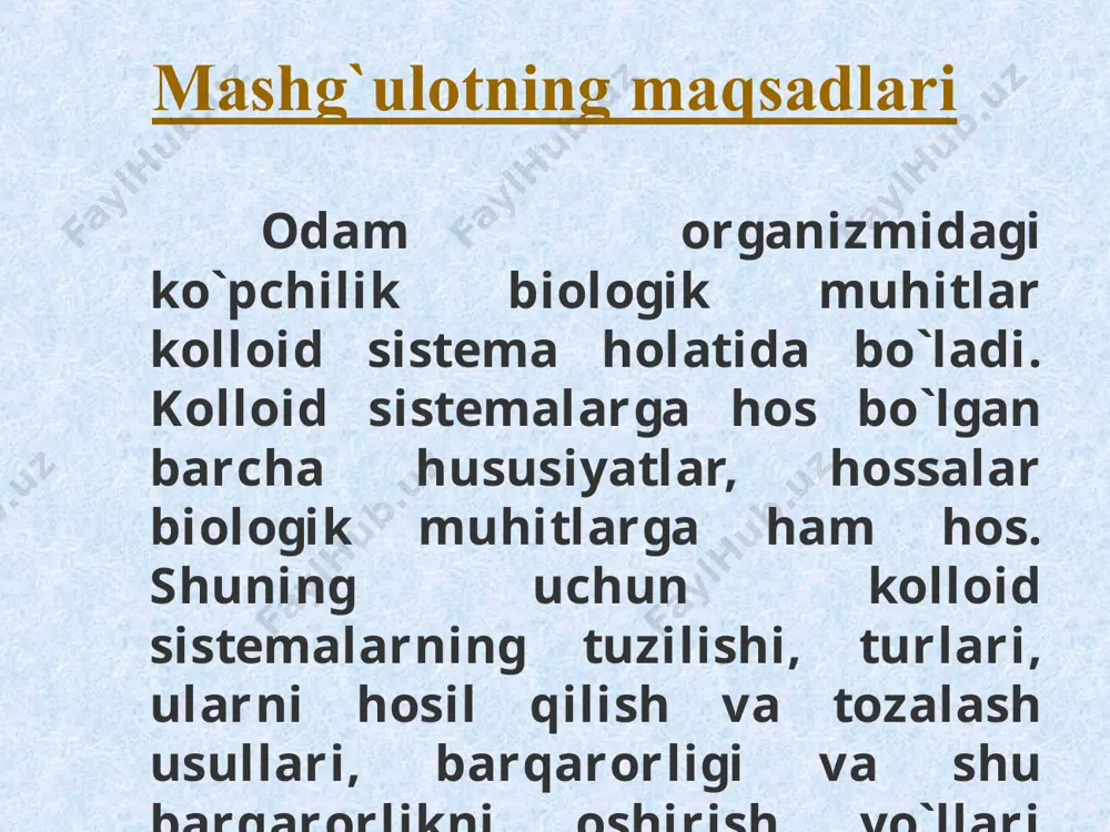 rshi ionlari diffuziya qavatining qarshi ionlari yadro kolloid zarrachalarning tuzilishi kondensatsiya usuli bilan olingan berlin lazuri zolining tuzilishi: 4fecl3 + 3k4[fe(cn)6] = fe4[fe(cn)6]3 + 12kcl ortiqcha elektrolit zol mfe4[fe(cn)6]3 n [fe(cn)6]4- 4(n-x) k+ 4x- xk+ yadro pbi dif.qav. qarshi ionlar ads-n qavat granula mitsella kolloid zarrachalarning tuzilishi mfe4[fe(cn)6]3 n fe3+ 3(n-x) cl- 3x+ 3xcl- mfe(oh)3 n fe3+ 3(n-x) cl- 3x+ 3xcl- fecl3 + 3h2o = fe(oh)3 + 3hcl fe(oh)3 + hcl = feocl + h2o mfe(oh)3 n feo+ (n-x) cl- x+ xcl- musbat berlin lazur zoli peptizatsiya yo`li bilan olingan temir gidroksid zoli gidroliz yo`li bilan olingan temir gidroksid zoli: qo`sh elektr qavat hosil bo`lishi elektroforez elektroforez – dispers faza zarrachalarining (kolloid yoki oqsil eritmalarini) suyuq yoki gazli muhitda tashqi elektr maydon ta`sirida tashilib o`tilishiga asoslangan elektrokinetik garayon. adsorbsiya va diffuziya qavatlari o`rtasida hosil bo`lgan qo`sh elektr qavat elektrokinetik yoki dzetta potensial hosil bo`lishiga olib keladi va adsorsiya qavati bilan …