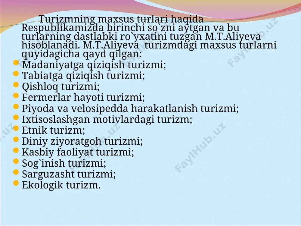 lliy urf-odatlarni xush ko`rishlari nuqtai nazaridan markaziy osiyo xalqlarida qayd qilingan ikkala buyumni tikishda turli uslub, tanlash va yo`nalish hosil bo’lgan. demak, bizdagi milliy do`ppichilik va zardo`zi to`n tikish qo`shni davlatlarda rivojlangan emas, dunyoning boshqa birorta mamlakatlarida bizdagidek usullar yo`q hisoblanadi. bu xulosalardan milliy qo`l hunarmandchiligimizdagi do`ppichilik va zardo`zi to`n tikishini xalqaro turizm ob`ekti- resurs sanoati maxsus turlar ro`yxatiga qo`ysa bo`ladi. xalqimizning milliy o`yinlaridan turizm sohasida foydalanishning juda katta imkoniyatlari borligini ilg`ash qiyin emas.masalan, qushlarni urushtirish o`yini yoki musobaqasi dunyoning juda ko’p mamlakatlarida bor. bizda qushlarning xo’roz urushtirish va bedana urushtirish o`yinlari bor. bu qushlarni urushtirish musobaqasi o`zbekiston respublikasida juda ommalashgan.xo`roz urushtirishning jahon birinchiligi ham o`tkaziladi. endi ichki turizmda bu o`yinlar hozir ham shaharlar, tumanlarning bozor maydonlarida o`tkaziladi.xalqaro turizmda bu urushtirish o`yinlari ommaviylashmaydi. chet ellarda juda kam sonli ishqibozlar bu o`yinlarga qiziqib kelishi mumkin. bozorlarda asosan vaqti bor va to`satdan nigohi tushgan bozorga kelgan kishilar bu o`yinlarni tomosha qilishadi. bu …