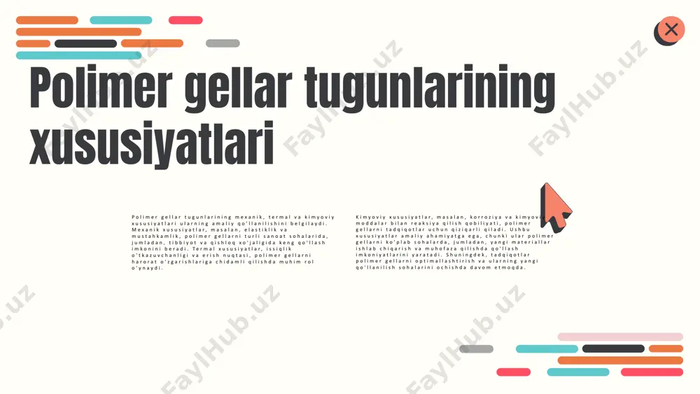 gan materiallar ko'pincha kuchliroq va mustahkamroq bo'ladi. ularning mexanik kuchi va elastikligi oshadi, bu esa materiallarning turli qo'llanilishlarida ishonchlilikni ta'minlaydi. kristallanish darajasi termal xususiyatlarga ham ta'sir qiladi. yuqori kristallanish darajasidagi materiallar issiqlik o'tkazuvchanligini oshiradi, bu esa ularni issiqlik izolyatsiyasi uchun samarali qiladi. shuningdek, bu materiallar termal kengayish koeffitsienti jihatidan ham farq qiladi. kristallanish darajasi va polimer gellar polimer gellar kristallanish darajasi bilan bog'liq bo'lib, bu daraja ularning tuzilishi va sifatiga ta'sir qiladi. kristallanish darajasi polimerlarning molekulyar tuzilishi va ichki tartibini belgilaydi, bu esa mexanik, termal va kimyoviy xususiyatlarga ta'sir ko'rsatadi. kristallanish darajasi polimer gellarining sifatiga katta ta'sir ko'rsatadi. yuqori kristallanish darajasi polimerning mustahkamligi va barqarorligini oshirishi mumkin, lekin elastiklikni kamaytirishi ehtimoli ham bor. shuning uchun, polimer gellarni ishlab chiqarishda optimal kristallanish darajasini ta'minlash muhimdir. amaliy misollar sifatida, polietilen va poliakrilamid gellarining kristallanish darajasi ularning suv bilan o'zaro ta'sirini va mexanik xususiyatlarini belgilaydi. tadqiqotlar shuni ko'rsatadiki, kristallanish darajasini nazorat qilish polimer …