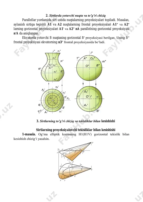 lgan aylanish sirtlari chekli sondagi aylanalar bo‘yicha kesishadi. 5.parallel kesuvchi tekisliklar usuli nazorat savollari 1. sirtlar qanday hosil bo‘ladi? 2. sirtning yasovchisi va yo‘naltiruvchisi nima? 3. sirtlarni tekislik bilan kesishish chizig‘ini yasashning umumiy algoritmi nimalardan iborat? 4. sferani tekislik bilan kesganda qanday shakl hosil bo‘ladi va uning proyeksiyalari qanday yasaladi? 5. silindrni tekislik bilan kesishuvidan qanday shakllar hosil bo‘lishi mumkin? 6. konus kesimlari nimalardan iborat? 7. sirtlarni qanday tekisliklar bilan kesilsa, kesimning bitta proyeksiyasi to‘g‘ri chiziq kesmasi bo‘ladi? 8. to‘g‘ri chiziq bilan konusning kesishish nuqtalarini yasashda, yordamchi kesuvchi tekislikni qanday vaziyatda o‘tkazish maqsadga muvofiq bo‘ladi?