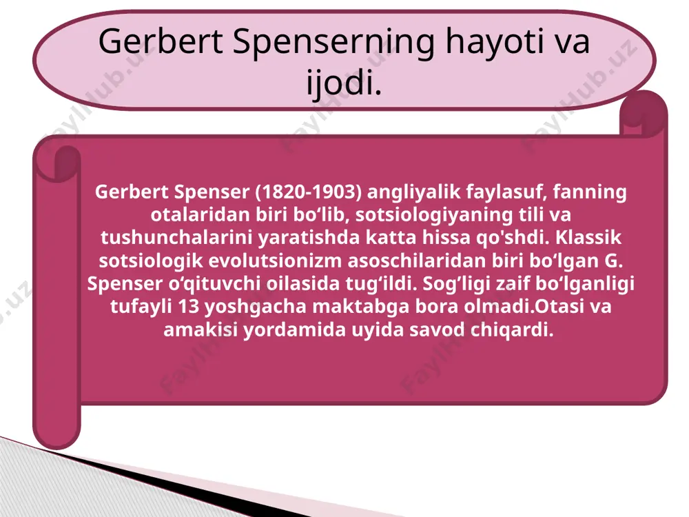 yashash uy institutini (munosabatlarini) shuningdek, nikoh, oila, tarbiya, jinslar, ota-ona va bola o‘rtasidagi munosabatlarning tug‘ilishini aniqladi. spenser olti toifadagi institutni alohida ajratib ko‘rsatadi: uy (oila), urf-odatlar, siyosiy, cherkov, kasbiy va sanoat. bularni keng tahlilini “sotsiologia asoslari” asarida beradi. l.u biron-bir institutlar - hayotga qasddan yoki ongli kiritilmaganligini ta’kidlaydi. spenser institutlarni individual istak va maqsadlar orqali emas, balki muayyan tizimdagi funksiyasi orqali tushuntirdi. 2. institutlarni tushunish uchun uning kelib chiqishi va yash o‘tgan davrdagi o‘zgarishlarsiz bilish mumkin emas, ya’ni amal qilishini uning evolutsiyasidan tashqari bilish mumkin emas. 3. barcha institutlar - yagona ijtimoiy tizimning qismlari bo‘iib, o.kanttamoyili «konsensusga» muvofiq, ya’ni yaxlittizimdagi barcha elementlarning o‘zaro kelishgan holda amal qiladi. agar birontasida buzilish bo‘lsa, boshqasi faoliyatiga, albatta ta’sir etishini ta’kidlaydi. jamiyatning evolutsion nazariyasi tabiat falsafasining tarkibiy qismi sifatida qaraldi. g. spenser fanlar uchun umumiy boigan tamoyilni folosofiya, deb atadi. ularning ustida barcha ilmiy qonunlarning sintezi, tabiatning eng umumiy qonuni - evolutsiya qonuni deb …