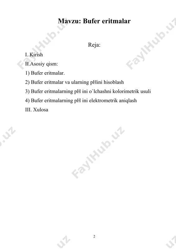orat kislota va boshqalar qo’llaniladi. sifat analizida ph qiymati 3,7 dan 9,3 gacha bo’lgan bufer eritmalar ishlatiladi. iii analitik guruh kationlarini i va ii guruh kationlaridan ajratishda kuchsiz ishqoriy muhitga ega bo’lgan ammiakli bufer eritma qo’llaniladi. bunda ph ning qiymati 8 dan 8,5 gacha bo’ladi. agar cho’ktirishni ph 6 qiymatida olib borilsa, iii guruh kationlarini to’liq cho’ktirib bo’lmaydi. bufer eritmalar turli xil eksperimental ilmiy tadqiqotlarda, ayniqsa fermentlarni o’rganishda muhim ahamiyat kasb etadi, chunki ularning aktivlik ta’siri ph ning juda katta qiymatlari oralig’ida o’zgarmaydi. bufer eritmaning ph ini ko’pi bilan bir-birlikka o’zgartirish uchun unga qo’shish mumkin bo’lgan muayyan koncentraciyali (mol/l yoki g-ekv/l bilan ifodalangan) kuchli kislota yoki ishqorning eng ko’p miqdori bufer sig’imi deyiladi. “eritma muhitini bir mе'yorda saqlab turuvchi eritmalar bufеr eritmalar dеyiladi”. bufer eritmalar analitik kimyoda ayrim tajribalarni, ayniqsa, tekshiriladigan eritmadan ionlarni cho’ktirishda, eritmadagi vodorod ionlari konsentraciyasi aniq va doimiy bo’lishi kerak. shuning uchun analiz jarayoni [h+] ionlari koncentraciyasini …