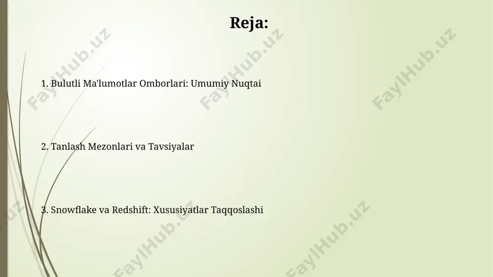 -quvvatlaydi. uning arxitekturasi, massiv parallel protsessor (mpp) texnologiyasiga asoslangan bo'lib, so'rovlarni tez bajarish uchun ko'plab tugunlarni birlashtiradi, bu esa sekundlarda javob olish imkonini beradi. bulutli ma'lumotlar omborlari: umumiy nuqtai ushbu omborlar shuningdek, ma'lumotlarga real vaqt rejimida kirishni ta'minlaydi, bu esa operativ tahlil va hisobotlarni tezroq amalga oshirish imkonini beradi va natijada operatsion samaradorlikni oshiradi. bulutli ma'lumotlar omborlari korxonalarga 100 terabaytdan ortiq ma'lumotlarni samarali saqlash va tahlil qilish imkonini beradi, bu esa biznesga oid muhim qarorlar qabul qilishda yordam beradi. arxitektura taqqoslashi: snowflake va redshift redshift, amazon web services (aws) ning bir qismi bo'lganligi sababli, aws xizmatlari bilan yaxshi integratsiyalashgan, snowflake esa ko'p bulutli muhitda ishlashi mumkin. snowflake, ma'lumotlarni saqlash va hisoblash resurslarini mustaqil ravishda boshqarishga imkon beradi, redshift esa bu resurslarni birgalikda boshqaradi, bu esa narxlash modellarida farqlarni keltirib chiqaradi. narxlash va iqtisodiy jihatlar snowflake, redshift'ga nisbatan, murakkab so'rovlarni qayta ishlashda 2-3 baravar tezroq bo'lishi mumkin, bu esa umumiy hisoblash …