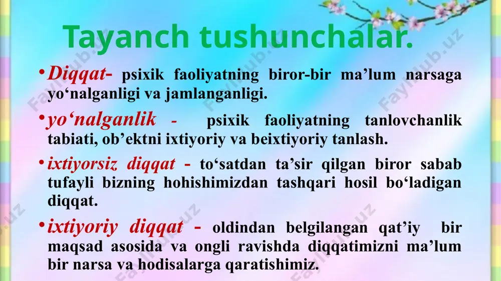 adi, uning fikricha, diqqat har doim hissiyotlar bilan bog‘liq bo‘lib, ular yordamida yuzaga keladi. diqqatning vazifalari va turlari. ixtiyorsiz, ixtiyoriy hissiy va intellektual ixtiyoriydan keyingi diqqat bevosita va bilvosita tabiiy va ijtimoiy diqqatni tashkil etishda insonning faolligiga ko‘ra diqqatni uch turga bo‘lish mumkin: ixtiyorsiz, ixtiyoriy ixtiyoriydan keyingi diqqatlar. ixtiyorsiz diqqat - bu ongning seskantiruvchi sifatidagi alohida xususiyatiga muvofiq holda ob’ektda jamlanganligi. ixtiyoriy diqqat -bu ob’ektda faoliyat talablariga ko‘ra yo‘naltirilgan, ongli boshqariladigan jamlanganlik. ixtiyorsiz diqqat maqsad qo‘yish va iroda qatnashuvi bilan bog‘liq emas, ixtiyoriy diqqat uchun esa iroda boshqaruvi va maqsadning mavjud bo‘lishi shart. n.f. dobrinin tomonidan ixtiyoriydan keyingi diqqat deb nomlandi. masalan, o‘quvchi qiyin arifmetik masalani echa turib, dastlab, unga ma’lum kuch sarf etadi. masala murakkab, o‘quvchi chalg‘iy boshlaydi. u o‘zini, irodasini ishga solgan holda, masalani echishga majburlaydi. haqiqiy ixtiyorsiz diqqatdan farq qilib, ixtiyoriydan keyingi diqqat ongli maqsadlar bilan bog‘langan holatda qoladi va ongli qiziqishlar tomonidan quvvatlab turiladi. diqqatning xossalari …