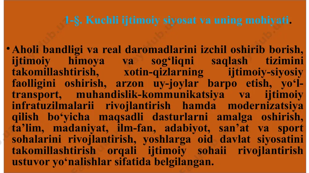 sohasida yagona mas’ul organ tuziladi, shuningdek, ijtimoiy himoya sohasida ijtimoiy yordam va xizmatlarning bazaviy kafolatlari belgilanadi. 2-§. sog‘liqni saqlash tizimining isloh qilinishi va zamonaviy tibbiyot tizimining shakllanishi o‘zbekiston respublikasi prezidentining 1997 yil 10 noyabrdagi «o‘zbekiston respublikasi sog‘liqni saqlash tizimini isloh qilish davlat dasturi to‘g‘risida»gi farmonining qabul kilinishi tizimda ulkan o‘zgarishlarga sabab bo‘ldi. respublikamizda 1991-1994 yillarda butun e’tibor onalar va bolalar sog‘lig‘ini muhofaza qilish xizmatini takomillashtirish, demografik kо‘rsatkichlarni barqarorlashtirish, yuqumli kasalliklarni kamaytirishga qaratilgan bо‘lsa, 1994-1998 yillarda esa dorixonalar va bir qancha davolash-profilaktika muassasalari xususiylashtirildi, ambulatoriya-poliklinika xizmati rivojlantirilib qayta tuzildi. 2-§. sog‘liqni saqlash tizimining isloh qilinishi va zamonaviy tibbiyot tizimining shakllanishi aholining reproduktiv salomatligini mustahkamlash, onalik va bolalikni muhofaza qilish bo‘yicha qator maqsadli milliy dasturlar amalga oshirildi. bolalarning irsiy va tug‘ma kasalliklar bilan tug‘ilishining oldini olish maqsadida respublika va hududiy skrining markazlari tashkil etildi. natijada 1991-2017-yillarda umumiy o‘lim ko‘rsatkichi 20 foizga, onalar va chaqaloqlar o‘limi 3,1 barobar kamaydi. o‘rtacha umr ko‘rish davomiyligi …