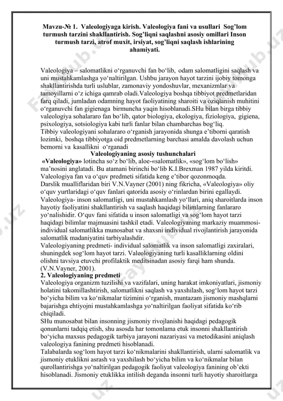gavda tuzilishi, yurak-qon tizimining ishlashi, jismoniy tayyorgarlik va jismoniy ahvol salomatlikning tarkibiy elementlari ekanligini qayd etish muhim. shuning uchun insonni boshqarish va uning jismoniy etukligiga erishish uchun jismoniy tayyorgarlikni qator ko‘rsatkichlar (jismoniy rivojlanish va gavda tuzilishi, jismoniy va funksional tayyorgarlik) bo‘yicha kompleks baholash kerak. olingan to‘liq ma’lumotlar asosida inson salomatligi sog‘lom turmush tarzi » fan sifatida sog‘lom turmush tarzini shakllantirish jarayonlarini o‘rganadi va aholi sog‘lig‘ini individ, guruh va jamoat miqyosida saqlash va mustahkamlashga, hamda faol umrboqiylikni ta’minlashga qaratilgan chora- tadbirlarni ilmiy jihatdan asoslashga oid tadqiqotlar olib boradi. inson va uning salomatligi muammosining tarixda va bugungi kunda hal etlishi holati- savoliga javoblar bayoni. kishilik jamiyati tarixiy taraqqiyotining barcha davrlarida inson salomatligini shakllantirish, saqlash va mustahkamlash masalasi dolzarb muammo hisoblangan. meditsina odamlarning sog‘lig‘ini saqlash va mustahkamlashga qaratilgan bilim va amaliy ko‘nikmalarga bo‘lgan ehtiyojni qondiruvchi voqelik sifatida yuzaga kelgan. meditsina kelib chiqishi va rivojlanishining dastlabki bosqichlarida xalq tabobati ko‘rinishida mavjud bo‘lgan. sog‘liq – …