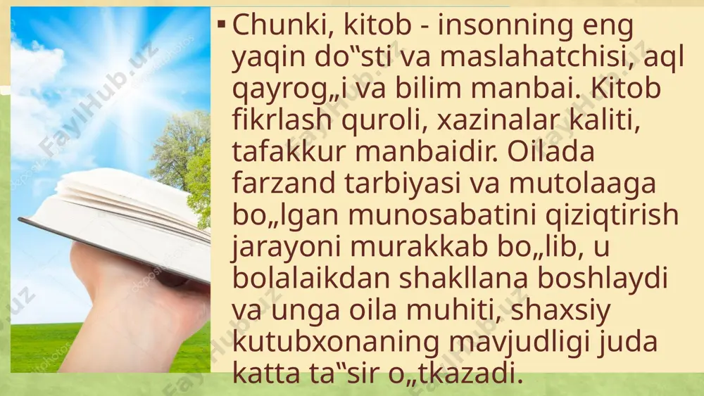 ida hikoya qila turib, bugunning haqiqatini tasdiqlaydi, shu fazilati bilan zamonaviylik tarixiylik zamirida voqe bo’ladi. u bolalarning qobiliyatini nazarda tutib o’tmishni ham, bugunni ham, kelajakni ham keng va aniq ko’rsatadi, teran ifoda etadi. xulosa qilib aytganda ta‟lim-tarbiya jarayonida hususan kitobxonlik ko‟nikmalarini shakllantirishda ham ota-onalar bilan hamkorlikda ish olib borish eng muhim omillardan hisoblanadi. ota-onalar bilan hamkorlik qilishda quyidagi loyihalarni tavsiya qilish mumkin. - muassasadagi kitob burchagini ertak kitoblari bilan to‟ldirishda pedagog tarbiyachiga yordam bering - ota-onalar uchun maslahat “bola qanday kitob o‟qish kerak?”, “ertak terapiyasi”, - bolalar bilan birgalikda teatr burchagiga atributlar yaratish - kitobxon oila tanlovi bu loyihalaming maqsadi otaonaga kitob o‟qishda oila muhitining o‟rni, oilaviy o‟qishning qanchalik muhim ekanini tushuntirish. shunday qilib, kitobga bo‟lgan qiziqishni oiladan boshlasak, bolalarni yoshlikdan kitobga oshno qilsak, uning kelgusida barkamol va ma‟naviyatli shaxs bo‟lib yetishishida mustahkam asos yaratgan, yurtimiz kelajagi uchun munosib yoshlami tarbiyalashda hissamizni qo‟shgan bo‟lamiz. e’tiboringiz uchun raxmat image3.jpeg image6.png image7.png …