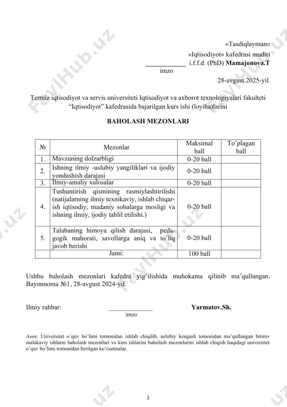 _________________________________________________________________________________________________ kurs ishi paragraflarini bajarilish sanasi va unga qo’yilgan baholar: t/r 1 2 3 4 5 himoya sana baho ilmiy rahbar: _____________ yarmatov.sh. imzo termiz iqtisodiyot va servis universiteti iqtisodiyot va axborot texnologiyalari fakulteti 60310100 – “iqtisodiyot (tarmoqlar va sohalar bo`yicha)” ta’lim yo’nalishi sirtqi ta’lim shakli 2-kurs s.iqt-25-23-guruh talabasi yo’ldosheva sevinch o’rol qizining “rivojlangan mamlakatlarda davlat budjeti taqchilligi (fransiya)” mavzusida yozgan kurs ishiga t a q r i z “rivojlangan mamlakatlarda davlat budjeti taqchilligi (fransiya)” mavzusida yozgan kurs ishi: kirish, asosiy qism uning tarkibidagi rejalar, xulosa va takliflar, foydalanilgan adabiyotlar ro’yxatidan iborat. kurs ishining kirish qismida mavzuning dolzarbligi, ishning o’rganganlik darajasi, kurs ishining maqsad va vazifalari, ishning nazariy va uslubiy asoslari ko’rsatib berilgan. kurs ishining asosiy qismi to’rtta rejadan iborat bo’lib: 1. davlat budjeti taqchilligi: iqtisodiy mohiyati, turlari va sabablariga nazariy yondashuvlar. 2. rivojlangan mamlakatlarda davlat budjeti taqchilligi holati: tarixiy va zamonaviy ko‘rinishlar. 3. rivojlangan mamlakatlar tomonidan budjet taqchilligini boshqarish …
