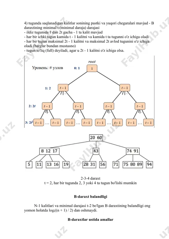 kalitlari orasida key1≤ key2≤ ... ≤ keyn va biz topadigan kalit mediana (__median __key) - o'rta kalitni ajratuvchi 4) median kalit ajdod tuguniga kiritiladi. agar ajdod tugun to'la bo'lsa, u bo'linadi va protsedura yuqorida aytib o'tilganidek takrorlanadi. daraxtga ko'tarilish ildizigacha davom etishi mumkin. daraxtning ildizidan kerakli bargga o'tayotganda biz o'tadigan barcha to'ldirilgan tugunlarni ajratamiz (split) (shu jumladan barg).  bu tugunni ajratish kerak bo'lsa, uning ajdodi to'ldirilmasligini ta'minlaydi. tugunni ajratish (split) eng yomon holatda b daraxtiga kalitni kiritishning hisoblash murakkabligi (biz har bir darajadagi tugunlarni ajratamiz): 𝑇 = 𝑂 𝑡ℎ = 𝑂(𝑡 log𝑡 𝑛) diskdagi amallar soni: 𝑇𝐷𝑖𝑠𝑘 = 𝑂 ℎ = 𝑂(log𝑡 𝑛) b-daraxt turlari b+-daraxt (b+-tree) - bu faqat barglarda ma'lumotni o'z ichiga oladigan va ichki tugunlarda faqat kalitlarni saqlaydigan b daraxti.  b *-daraxt (b * -tree) - unda har bir tugun (ildizdan tashqari) b daraxtidagi kabi 1/2 emas, balki kamida 2/3 kalitni o'z ichiga olishi kerak. …