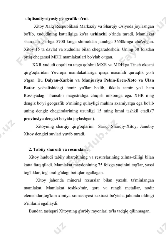 sin ko'mir xavzalari joylashgan. xitoy ko'mirning umumiy zaxirasi bo'yicha aqshdan keyin ikkinchi, lekin qazib olish bo'yicha birinchi o'rinni egallaydi. xitoyda neft va gazning aniqlangan zaxirasi (3 mlrd va 200 mlrd3) faqat neft qazib oluvchi mamlakatlardan orqada turadi, biroq neft qazib chiqarish bo'yicha jahonda beshinchi o'ringa chiqdi. asosiy neft konlari shimoliy xitoyda (boxay qo'ltig'i qirg'oqlarida) shimoliy-sharqiy xitoyda, bundan tashqari ichki xitoyning jung'oriya va saydam botig'ida joylashgan. gaz qazib olish. schuan botig'ida qazib olinmoqda. bundan tashqari xitoyda yonuvchi slanes ham qazib olinmoqda. mamlakatda juda hilma-xil rudali foydali qazilmalar qazib olinmoqda. yirik temir ruda zaxirasiga ega bo'lgan anshan havzasi shimoli sharqiy xitoyning boy ko'mir konlari havzasi yaqinida joylashgan. mamlakat temir ruda zaxiralari bo'yicha (5 mlrd t) dunyoda uchinchi o'rinda turadi. rangli metall ruda konlari janubiy va markaziy provinsiyalarda to'plangan. bu yerdan alyuminiy xom-ashyosi, mis, qalayi, rux, surma, oltin, kumush qazib olinadi. mamlakatning ko'pgina rayonlarida osh va tosh tuzi, fosforitning yirik zahira konlari joylashgan. …