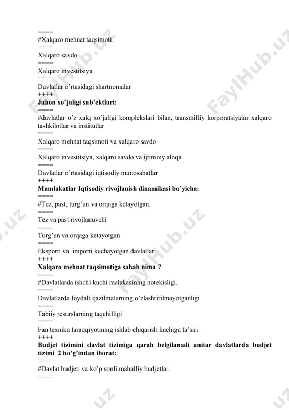 ka taraqqiyotining ishlab chiqarish kuchiga ta’siri ++++ budjet tizimini davlat tizimiga qarab belgilanadi unitar davlatlarda budjet tizimi 2 bo’g’indan iborat: ==== #davlat budjeti va ko’p sonli mahalliy budjetlar. ==== davlat budjeti va tashkilotlar budjetlari ==== iqtisodiy budjet va unitary budjet ==== davlat budjeti va ijtimoiy soha budjeti ++++ jahon infrastrukturasi nima ? ==== #jahon bozoridagi tovarlarni ishlab chiqaruvchi va iste’molchilarga yetkazib beruvchi soxalar ==== jahon savdosi ==== ilmiy-texnika aloqalari ==== xalqaro valyuta tizimi ++++ demografik portlash ==== #aholi sonining keskin ortishi. ==== aholi sonining keskin kamayishi ==== qishloq aholisini shaxarga ko’chib kelishi ==== qishloqga shaxar aholisining ko’chib kelishi ++++ zamonaviy chet davlatlarda davlat budjeti quyidagilardan qaysi biri asosiy funksiya hisoblanmaydi ? ==== # tadbirkorlarni moliyaviy resurslar bilan ta’minlash. ==== milliy daromadni qayta taqsimlash ==== iqtisodiyotni davlat tomonidan tartibga solish va rag’batlantirish ==== ijtimoiy siyosatni moliyaviy ta’minlash ++++ iqtisodiy va ilmiy-texnik salohiyati bo’yicha aqsh va yaponiyadan keyingi uchinchi o’rinda turadigan davlat …