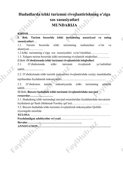hududlarda ichki turizmni rivojlantirishning o’ziga xos xususiyatlari — DOCX