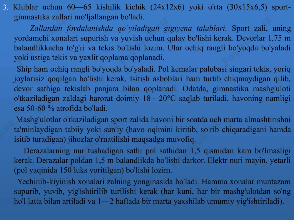 tanasiga yaqin joydan oyoqlaridan ushlab ko'tarib, bir xil qadam bosib yuradilar. jihozni ko'tarayotganda yoki yerga qo'yayotganda, uni bir tomonga og'dirib turib, oyoqlarini kerak belgilarigacha chiqariladi, keyin narigi tomoniga og'dirib, qolganlari chiqariladi. oyoqlar rangli bo'yoq bilan belgilangani ma'qul. mashg'ulot oldidan jihozning qanchalik mahkam turganligi, qoplamasining butunligi, dastaklarining sirti (kertiklar, magneziya qotib qolgan joylari va h.k.) tekshirib ko'riladi. a)qo'shpoyalar: a) erkaklarning qo'shpoyalari (103-rasm). yog'ochlarning uzunligi 350 sm (tuxumsimon shaklda). yog'ochlar poyaga mahkamlab qo'yilgan moslamalar, tirgovuchlarga sharnirda biriktirilgan bo'ladi. yog'ochlar poldan 160—170 sm balandlikda o'rnatilib, ular oralig'i 42—62 sm bo'ladi; b) ayollar qo'shpoyalari yer sahnidan (balandligi har xil) pastki yog'ochi 130—150 sm, yuqori yog'ochi 190—249 sm balandlikda bo'ladi. yog'ochlar oralig'i 43—55 sm. umumta'lim maktablari o'quvchilari uchun, ko'lami katta bo'lmagan musobaqalarda eski ramali qo'shpoyalardan foydalanish hollari ham uchraydi. bunday holda qo'shpoyalarda mashq bajarishda xavf tug'diradigan bo'rtib chiqqan shikastlangan joylari bo'lmasligi kerak. yangi zamonaviy qo'shpoyalar qulayroq; d) past (yordamchi) qo'shpoyalarning yog'ochlari yer sahnidan 130—150 sm …