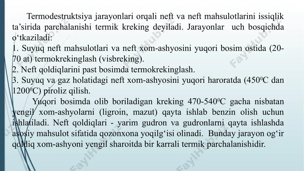 xi ming sum 497812000 4 mahsulotning erkin - sotish baxosi sum / t 1150240 5 yillik foyda ming sum 177800000 6 mahsulot rentabelligi (samaradorligi %) % 32 7 1 ishlovchining o'rtacha- oylik ish haqi sum 4 500 000 8 1 ishchining o'rtacha- oylik ish haqi sum 3 000 000 xulosa mening malakaviy bitiruv ishimni tayyorlashda, neftni ogʻir qoldiqlarini termik krekinglash. termogazoyl olish texnologiyasini loyihalash. quvvati 800 ming t/yil. asosiy qurilmani hisoblash jarayoni xaqidada bo‘lib u o‘zbekistondagi eng yirik zavodlardan biri farg‘ona neftni qayta ishlash zavodini reglamentalriga tayangan xolda loyixalab chiqdim. bizga ma’lumki bugungi kunga kelib dunyoda termogazoyl olish jarayonidan maqsad qozonxona yoqilg‘isi miqdorini ko‘paytirishdir. loyixalanayotgan loyixamni asosiy qurilmasini material, issiqlik, gidravlik va mexanik hisoblari hisoblandi. loyxalanayotgan qurilmaning ekologik va iqtisodiy samaradorligi o‘rganib yoritib berildi. ekologik qismida moslamadan oddiy issiqlik almashtirish qurilmalarida ishlatiladigan chuchuk suv miqdorini tejab qolishga muvafaq buldik. iqtisodiyot qismida iqtisodiy sarf harajat, foyda va mahsulotning tannarxa hisoblab topildi. …