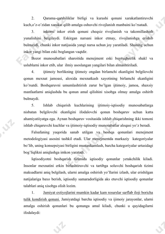 monlama boyib boradi. 2. qiymat qonuni yoki narx qonuni. tovarlarning pulda ifodalangan qiymati narx deb ataladi. narx esa talab va taklifga bog’liq ravishda aniqlanadi. narx bozor barametridir: agar talab va narx yuqori bo’lsa, ishlab chiqarish kengayadi. talab va narx pasayganda ishlab chiqarish kiskaradi. talab xajmi va tarkibi taklif xajmi va tarkibiga teng bo’lgan xoldagi narx muvozanat narxi deyiladi. ishlab chiqariladigan xar bir tovar turi, xajmi ularga bo’lgan ijtimiy extiyojlarga teng bo’lishi, ya’ni tulov kobiliyatiga ega talabga teng bo’lishi kerak. 3. talab qonuni. uning mazmuni shundan iboratki narx qancha yuqori bo’lsa, talab shunchalik kam bo’ladi. talab xaridorning tulov kobiliyatini ifodalaydi. bunda talab elastikligi koeffisiyenti qanday aniqlanishini ko’rib chiqamiz: talab xajmi usishi % qtalab elas. q narxlarning pasayishi % 4. taklif qonuni. u narx ortishi bilan taklif ortishini ifodalaydi. taklif - bu tovar va xizmatlarning narxdagi qiymatidir. bunda taklif elastikligi koeffisiyenti quyidagiga teng: taklif usishi xajmi, % k taklif.elas. q ; narxlar …