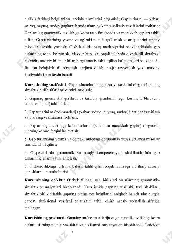 tini aniqlash; 7. tilshunoslikdagi turli manbalarni tahlil qilish orqali mavzuga oid ilmiy-nazariy qarashlarni umumlashtirish. kurs ishining ob’ekti: o‘zbek tilidagi gap birliklari va ularning grammatik-sintaktik xususiyatlari hisoblanadi. kurs ishida gapning tuzilishi, turli shakllari, sintaktik birlik sifatida gapning o‘ziga xos belgilarini aniqlash hamda ular nutqda qanday funksional vazifani bajarishini tahlil qilish asosiy yo‘nalish sifatida tanlangan. kurs ishining predmeti: gapning ma’no-mundarija va grammatik tuzilishiga ko‘ra turlari, ularning nutqiy vazifalari va qo‘llanish xususiyatlari hisoblanadi. tadqiqot davomida gap turlarining (xabar, so‘roq, buyruq, undov gaplar hamda sodda va murakkab gaplar) tuzilishi, mazmuni, nutqdagi ifodalanishi va o‘zaro farqlari tahlil qilinadi. shuningdek, bu gap turlarining yozma va og‘zaki nutqdagi roli, uslubiy funksiyasi ham kurs ishining o‘rganish obyekti sifatida tanlangan. kurs ishining amaliy ahamiyati: mazkur kurs ishining amaliy ahamiyati shundaki, unda o‘zbek tilidagi gap va uning turlarini tizimli ravishda o‘rganish orqali o‘quvchilar va talabalar nutqiy savodxonligini oshirishga, grammatik bilimlarini mustahkamlashga xizmat qiladi. gaplarning ma’no-mundarijasi va grammatik qurilishi haqida aniq …