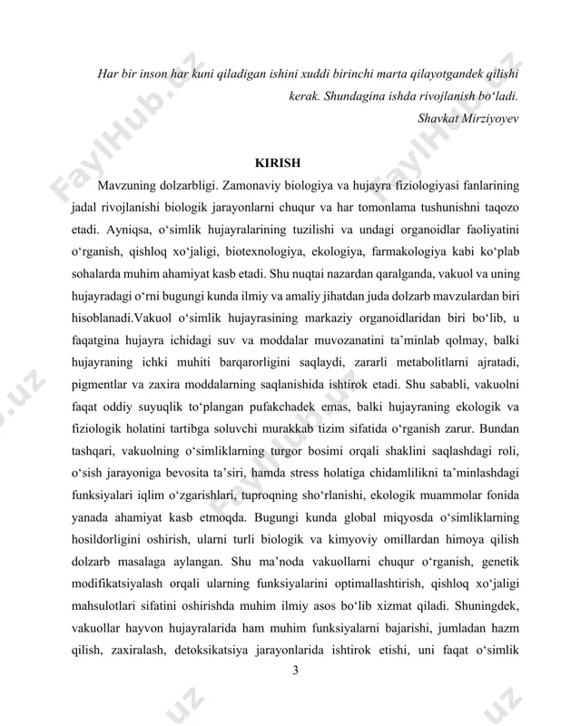 hujayra shirasi tarkibini o‘rganish — vakuoldagi moddalarning (suv, ionlar, organik kislotalar, shakarlar, pigmentlar va boshqa birikmalar) turlari, ularning hujayra faoliyatiga ta’siri haqida tahliliy ma’lumotlar keltirish. vakuolning asosiy funksiyalarini yoritish — osmotik bosimni saqlash, modda zaxiralash, detoksikatsiya, hazm qilish, rang beruvchi pigmentlarni saqlash kabi funksiyalarini o‘rganish va har biri uchun aniq misollar keltirish. vakuolning o‘simlik hujayrasi hayotidagi o‘rnini ochib berish — hujayra metabolizmi, shakllanishi, stressga bardoshliligi va o‘sish jarayonlaridagi vakuol ishtirokini tushuntirish. hayvon hujayralaridagi vakuol funksiyalarini solishtirish — vakuol faqat o‘simliklar uchun emas, balki ba’zi hayvon va protist organizmlarda ham qanday vazifalarni bajarishini ko‘rsatish. vakuol haqidagi zamonaviy ilmiy tadqiqotlarni tahlil qilish — hozirgi kunda vakuol bilan bog‘liq olib borilayotgan tadqiqotlar, texnologik yondashuvlar, genetik manipulyatsiyalar va ularning amaliy ahamiyatini yoritish. mavzu bo‘yicha xulosalar chiqarish — o‘rganilgan nazariy va amaliy ma’lumotlar asosida vakuolning biologik jarayonlardagi ahamiyatini umumlashtirish. kurs ishining predmeti va obyekti. kurs ishining predmeti. mazkur kurs ishining predmeti — o‘simlik hujayrasidagi vakuol …