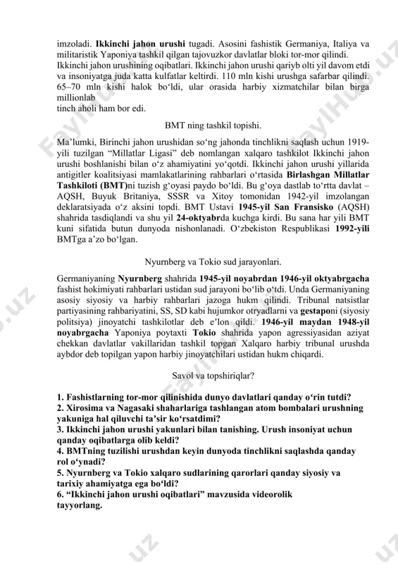 pin, indoneziyani bosib olgan yapon qoʻshinlari esa hindiston va avstraliya boʻsagʻasida turardi. 1942-yil noyabrda sovet qoʻshinlari stalingrad ostonalarida qarshi hujumga oʻtib, nemis qoʻshinlarining katta guruhini qurshab oldi. qurshovdagi nemis qoʻshinlari 1943-yil fevralda taslim boʻldi. 1944-yili sovet ittifoqi oʻz hududini toʻliq ozod qildi, sovet qoʻshinlari sharqiy yevropaga kirib bordi. oʻsha yili ittifoqchilar fransiyaning shimoli-gʻarbiga qoʻshin tushirib, fransiya va belgiyani ozod qildi. urush germaniyaning oʻz hududlariga yetib keldi. fashizmga qarshi kurashda italyan-german qoʻshinlari tomonidan zabt etilgan hududlardagi milliy-vatanparvar kuchlar – general sharl de goll boshchiligidagi “ozod fransiya” qarshilik harakati, i. b. tito boshchiligidagi yugoslaviya ozodlik harakati kata rol oʻynadi. urush yillari gitlerchilarga qarshi koalitsiya davlatlarining oʻzaro munosabatlariga oid asosiy masalalar sssr, aqsh va buyuk britaniya liderlarining uchrashuvlarida hal qilindi. urush davomida shunday uchrashuvlar uch marta: tehron (1943), qrim (yalta, 1945- yil fevral) va potsdam shaharlarida (1945-yil iyul-avgust) boʻlib oʻtdi. germaniyaning taslim bo’lishi. 1945-yil 16-apreldan 2-maygacha berlin operatsiyasi amalga oshirilib, bu vaqt ichida …