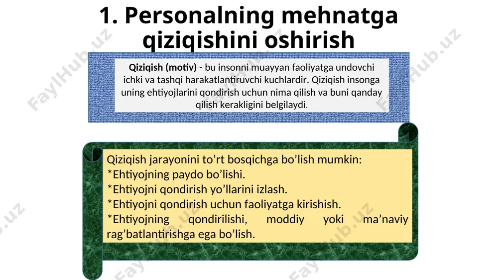 t faoliyati qarilik yaxshiroq ta’minlansa mehnat yaxshi e’tirof etilsa so’roqda ishtirok etgan 100 menejerdan har biri ushbu sharoitlarda yaxshiroq ishlashga intilishni bildirgan bir necha javob variantlari berilgan yaxshi muhit bo’lsa boshqaruv usuli yaxshiroq bo’lsa 48 25 255 21 23 22 16 11 21 22 13 13 250252 11 ehtiyojlar maqsad faoliyat qiziqish ehtiyoj qondirish natijalari ehtiyoj qondirilgan ehtiyoj qisman qoldirilgan ehtiyoj qondirilmagan ehtiyoj orqali aniqlanadigan qiziqish modeli a. maslou tajribasi bo’yicha ehtiyoj darajalari piramidasi 1-daraja 3-daraja 2-daraja 4-daraja 5-daraja o’zini namoyon etish ehtiyoji hurmat va e’tirofga erishish ehtiyoji ijtimoiy guruhga mansublik ehtiyoji barqarorlik ehtiyoji fiziologik ehtiyojlar kafolatli ish, barqaror ish haqi, pensiya taminoti oziq-ovqat, uy-joy, ro’zg’or buyumlari va hakazolar qobilyatni namoyon qilish bilimlarni ko’paytirish vakolatni kengaytirish kasbiy malaka ishda mustaqillik jamiyat tomondan etirof etish odamlar bilan aloqa jamoa hurmati f. gertsberg modeli mehnat sharoitlari omilllari jamoadagi o’zaro munosabat ish haqi ish sharoiti korxona siyosati ish ustidan bevosita nazorat darajasi qiziqtiruvchi …