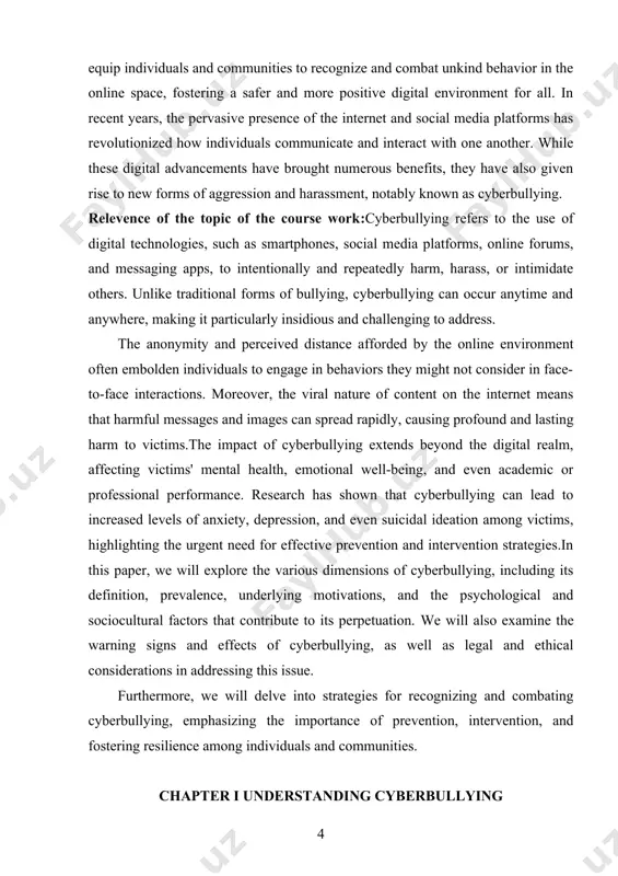 mors with the intention of causing distress. flaming: flaming refers to engaging in heated arguments or online fights, often characterized by aggressive language, insults, and personal attacks. these interactions can escalate quickly and may result in emotional harm to the targeted individual. exclusion: exclusion occurs when individuals are deliberately left out of online groups, conversations, or activities. this form of cyberbullying can lead to feelings of loneliness, isolation, and rejection. doxing: doxing involves publicly sharing someone's private or personal information, such as their address, phone number, or social security number, without their consent. this can expose individuals to harassment, identity theft, and other forms of harm. impersonation: also known as "catfishing," impersonation involves creating fake profiles or accounts to deceive and manipulate others. cyberbullies may impersonate their victims or create fictional personas to spread false information or engage in harmful interactions. outing and shaming: outing involves publicly disclosing sensitive or …