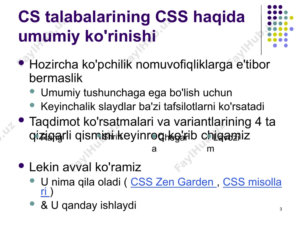 n turadi dalhousie csci 3172 ma'ruza: css essentials 2007-2008 yil kuz versiyasi 13 14 css 2.1 kaskad tafsilotlari har bir element uchun e e.ga ushbu deklaratsiyalarni kelib chiqishi bo'yicha tartiblang foydalanuvchi !important > muallif !important > inline uslubi inline uslub > muallif oddiy > foydalanuvchi oddiy > brauzer agar aniq g'olib bo'lmasa, eng aniq qoida g'alaba qozonadi. keyingi 2 slaydda ko'rsatilganidek, o'ziga xoslikni hisoblang. dalhousie csci 3172 ma'ruza: css essentials 2007-2008 yil kuz versiyasi 14 15 css 2.1 kaskad (davomi) shunday qilib, o'ziga xoslikni hisoblang: agar bitta qoida boshqalariga qaraganda # ko'proq belgi ishlatsa, u amal qiladi, aks holda ... boshqalarga qaraganda ko'proq atributlardan (shu jumladan sinf ) foydalansa, u amal qiladi, aks holda ... agar bitta qoida ko'proq elementlardan foydalansa, u amal qiladi yuqoridagi har bir belgining soni bir xil bo'lgan har ikki qoida uchun oxirgi e'lon qilingan qoida amal qiladi. class - bu bilan tanlanishi mumkin bo'lgan yagona …
