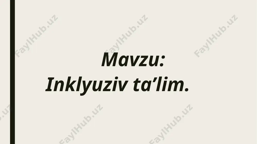yat va qobiliyatidagi tafovutlar oqibatida yuzaga keladigan ijtimoiy segregatssiyaga yo‘l qo‘ymaslikdir. biroq bu kontsepsiya universal foydalanish uchun yaroqsiz bo‘lib chiqdi. dunyo bo‘yicha maktablarda inklyuzivga ko‘pincha umumta’lim maktablarida nogironlarni o‘zlarining tengdoshlari bilan birga ta’lim olish deb qaraladi. inklyuziv ta’lim tizimida quyidagi maqsad va vazifalarning hal etilishi talab etiladi: ta’lim muassasasida imkoniyati cheklangan bolalar va o’smirlarning ta’lim olishlari uchun zaruriy psixologik-pedagogik, korrektsion sharoitlarni yaratish, ularning imkoniyatiga yo’naltirilgan umumta’lim dasturlari va korreksion ishlarni amalga oshirish orqali ruhiy va ijtimoiy moslashtirishni amalga oshirish; o’quvchilarning ta’limdagi teng huquqliligini kafolatlash; jamiyatning va oilaning faol ishtirokida nogiron va sog’lom bolalarning ehtiyojlarini qondirish, ijtimoiy hayotga erta moslashtirish; imkoniyati cheklangan bolalar va o’smirlarni oilalardan ajramagan holda yashash huquqini ro’yobga chiqarish; jamiyatda imkoniyatti cheklangan bolalar va o’smirlarga nisbatan do’stona va mexr-muhabbat munosabatini shakllantirish. image1.jpeg image2.jpeg image3.jpeg image4.jpeg image5.jpeg /docprops/thumbnail.jpeg