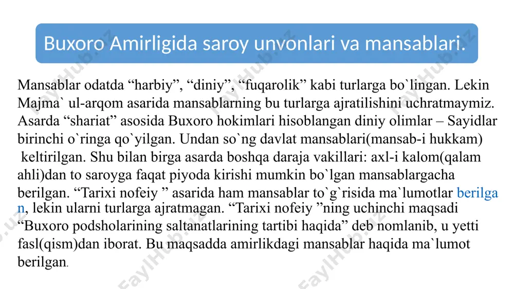 qulodda holatlar bo`lib qolganda “kull qo`shbegi”(hamma qo`shbegi) mansabi ham joriy etilgan. bunday vaqtda “qo`shbegi kalon” - “qo`shbegi poyon”ning vazifalarini ham bajargan. xx asr boshiga kelib qozi kalon(qozi ul-quzzot) va raisi kalon mansablari buxoro amirligi hayotida asosiy o`rinni egallagan. qozi kalonni yana “qozi sha`ri sharif” deb ham ataganlar. bu ikki mansab egalari jazo berish, molini musodara qilish, shariat bo`yich sud qilish, hibsga tashlashga huquqlariga bo`lgan. shu martabalarning keyingi ikkinchi pog`onasida muftilar. uning yuqori darajasi a`lam mansabi bo`lib, sohibi yurish va lashkar tortishlar vaqtida fatvo bergan. muhtasib uchunchi darajada turgan. sayidlar avlodidan bo`lishi lozim bo`lgan. viloyatlarda esa sayid bo`lmagan olimni ham muhtasiblikka tayinlangan. to`rtinchi mudarris. bir umrga berilib, ta`lim bilan mashg`ul bo`lmasa ham xazidan maosh olgan. yuqoridagilardan keyingi martabada jo`ybor xo`jalari, naqib, o`roqi kalon(katta o`roq), naqshbandiya tariqatining xalifasi turardilar. jo`ybor xo`jasi sayidlarga berilib, jo`ybor hukumati (xo`jalar mozori bilan) uning qo`lida bo`lgan. uchinchi darajali unvonlar olimlar, sayidlar, o`zbek va mahalliy zodagonlarga loyiq deb …