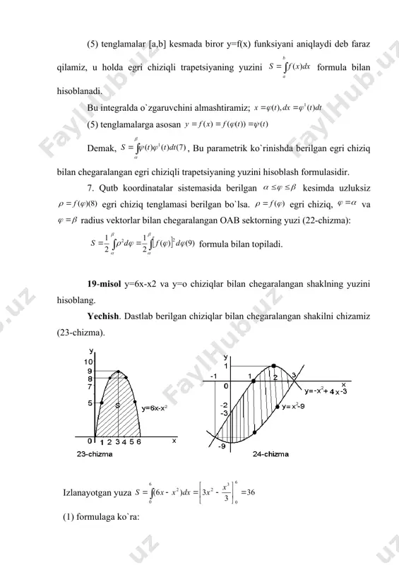 va x=a to`g`ri chiziq bilan chegralangan shaklning yuzini hisoblang. javob: 3. ellips bilan chegaralangan shakl yuzini aniqlang. javob: . 4. y=x2-4 parabola va absissalar o`qi bilan chegaralangan shakl yuzini toping. javob 5. y=-x2 va y=x egri chiziqlar, ordinatalar o`qi va x=1 to`g`ri chiziq bilan chegarlangan yuzini hisoblang. javob 6. xy=10, y=0, x=2, x=5 chiziqlar bilan chegaralangan yuzini hisoblang. javob . 7. y=x2-2x egri chiziq x=-1, x=1 to`g`ri chiziqlar va ox o`qi bilan chegaralangan shaklning yuzini hisoblang. javob: 2 8. y=-x va y=3x-x2 chiziqlar bilan chegaralangan yuzini hisoblang. javob 9. y=x2+1paralel,y=0,x=-1,x=4 to`gri chiziqlar bilan chegaralangan shaklning yuzini hisoblang. javob 10. teng yonli giperbola, x=1va x=3 to`gri chiziqlar bilan chegaralangan egri chiziqli trapetsiyaning yuzini hisoblang. javob.