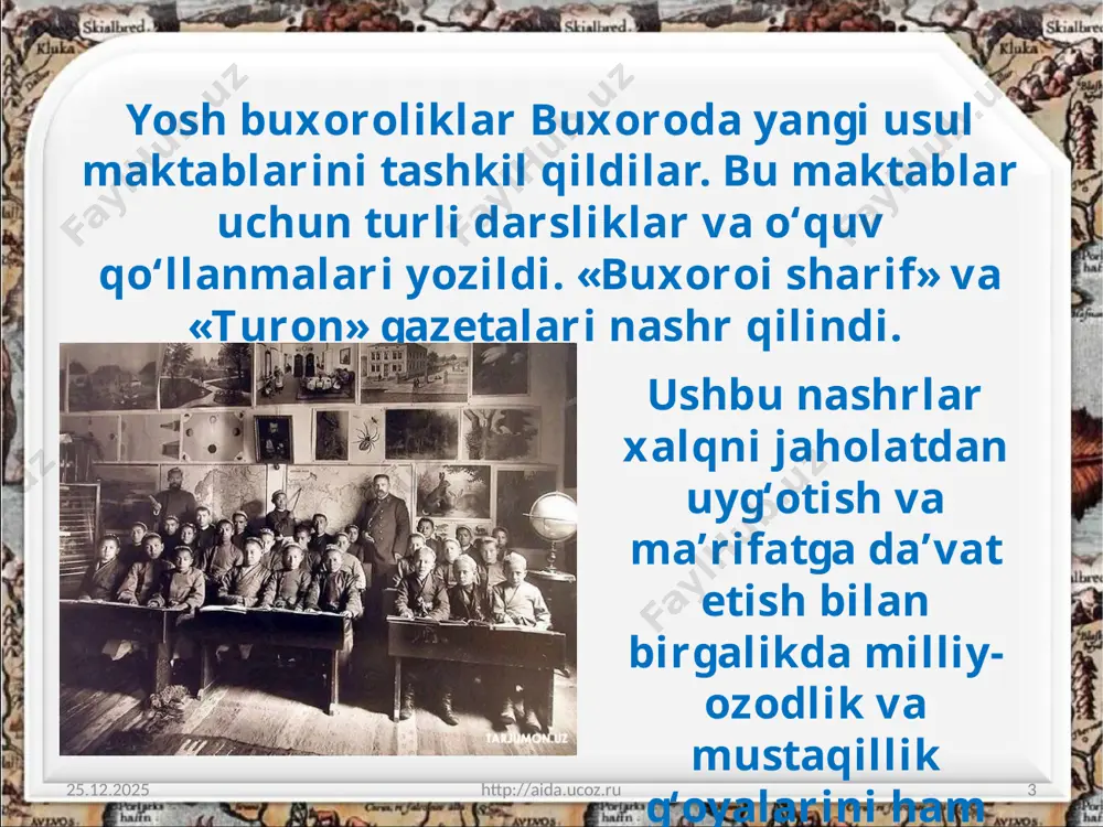 3483 karat, buyumlarga tikilgan brilliantlar – 968 karat, qimmatbaho toshlar – 8617 karat bo‘lgan. buxoro amirining bosh vaziri – qo‘shbegi mirzo nasrulloning shaxsan o‘zi tuzgan ro‘yxat bo‘yicha: savol va topshiriqlar yosh buxoroliklar faoliyatidan nimalarni bilib oldingiz? amir sayid olimxon o‘z davlatida qaysi maqsadda islohotlar o‘tkazishga urinib ko‘rdi? jadidlar dasturi amir olimxon mo‘ljallagan islohotlardan nimasi bilan farq qilardi? buxoro amirligining qulashi sabablarini sanab bering. 27.08.2020 http://aida.ucoz.ru 15 image2.jpeg image3.jpeg image4.jpeg image5.jpg image6.jpeg image7.jpeg image8.jpeg image9.jpeg image10.jpeg image11.jpeg image12.jpeg image13.jpeg image14.jpeg image15.jpeg image16.jpeg image1.jpeg