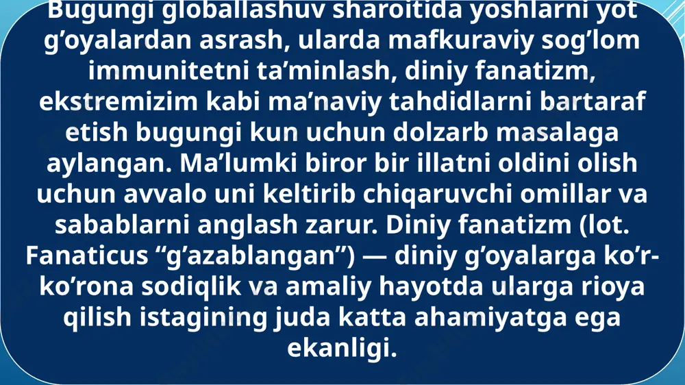 i. xarakterning aktsentuatsiyalashganligi turli ijtimoiy-psixologik og’ishlarni yuzaga kelishiga zamin yaratishi mumkin. shaxsdagi turli fanatik holatlarni va hatto diniy fanatizimning ham kelib chiqishda xarakter aktsentuatsiyasining ahamiyati katta bo’lishi mumkin. quyida bu kabi holatlarga ta’sir etuvchi turli aktsentuatsiya tiplarini keltirib o’tamiz: demonstrativ (namoyishkorona) tip. ushbu turdagi xarakter aktsentuatsiyasi egasi doimo diqqat markazida bo’lishga intiladi, uning barcha faoliyati aynan shu masalaga yo’naltirilgan holda kechadi. terrorizm (lotincha “qo’rqitish”, “vahimaga solish”) – aholining keng qatlamlarida vahima va qo’rquv uyg’otish, jamiyatda beqarorlik keltirib chiqarish orqali davlat hokimiyatini egallash maqsadiga qaratilgan jinoiy faoliyatdir. hozirgi davrda u global miqyos kasb etib, xalqaro terrorizm shaklini oldi. bunday shaklda u xalqaro ijtimoiy-siyosiy aks-sado beradigan qo’poruvchilik sifatida namoyon bo’lmoqda. diniy-ekstremizm kelib chiqishining birinchi va asosiysi sababi mutaassib fikr va qarashlarning paydo bo’lishidir. mutaassiblik muayyan g’oyalarning to’g’ri ekaniga qattiq ishonish, ularga mukkasidan ketish, “o’zgalar” va “o’zgacha” qarash va g’oyalarga murosasiz munosabatda bo’lish, boshqa firqa va mazhablarni butunlay rad etgan holda, ularni tan …