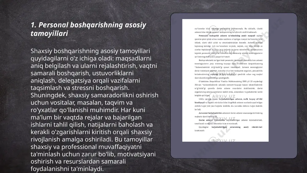 u sababli jamoa ichida muntazam kommunikatsiya jarayonlari yo'lga qo'yilishi lozim. ... t.me/slaydai_bot trening va malaka oshirish jarayonlari maqsadi xodimlarning kasbiy bilim va ko'nikmalarini rivojlantirishdir. odatda, bu jarayonlar yiliga ikki marta o'tkaziladi. har bir trening sessiyasi odatda 5-10 kun davom etadi va har bitta mashg'ulotda 20-25 nafar xodim ishtirok etadi. malaka oshirish dasturlari har 3-5 yilda yangilanadi. 2023-yilda o'qitilgan xodimlar soni 500 kishini tashkil etdi. o'qitish uchun sarflangan mablag' umumiy byudjetning 15 foizini tashkil etdi. trening va malaka oshirish natijasida xodimlar samaradorligi 25 foizga oshdi. ... t.me/slaydai_bot 7. konfliktlarni boshqarish va hal etish konfliktlarni boshqarish va hal etish jarayonlari samarali muloqot va muzokaralarni talab qiladi. statistika shuni ko'rsatadiki, muvaffaqiyatli hal etilgan konfliktlarning 85% i samarali muloqot natijasidir. konfliktlarni hal etishda mediatorlar rol o'ynab, taraflarning manfaatlarini tushunishga yordam beradi. o'rta va katta tashkilotlarda konfliktlarni boshqarish strategiyalari yordamida 60% ga qisqa vaqt ichida hal etish mumkin. konflikt sog'lom muloqot orqali hal qilinsa, jamoaning …