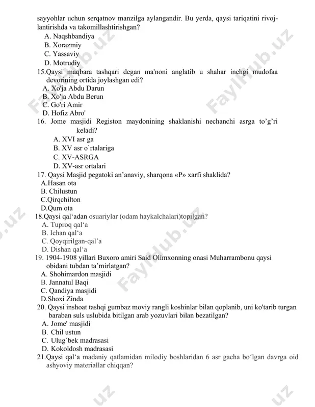 a xos ovoz taratgan va buni eshitgan namozxonlar masjidga shoshilganlar? a. oqsaroy b. yunusxon maqbarasi c. jome' masjidi. d. chil ustun 24. qo'qon xoni xudoyorxon tomonidan bunyod etilgan o‘rda qaysi memoriy obida xarobalari ustiga qurilgan? a. amir umarxon o'rdasi ustiga b. onasi nodiraning saroyi ustiga c. jahonoro saroyi ustiga d. to‘g‘ri javob yo‘q 25. qaysi madrasa,sayyohlar uchun mehmon hona hozirgi paytda binoda "oltin meros" jamg'armasining qo'qon bo'limi joylashgan? a. amir umarxon madrasasi b. madrasai sutton murodbek madrasasi c. ulug`bek madrasasi d. kamol qozi madrasasi