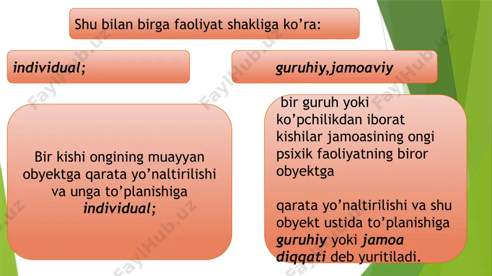 ariga hidlarni his qilish kiradi. ta’m bilish (maza) sezgilari - shirin, achchiq, nordon, sho’r singari mazalarni his qilish bilan tavsiflanadi. ular muayyan turkumga kiritilgan va kiritilmagan xilma-xil turlarga ega bo’lib, narsalarning, moddalarning nomlari bilan yuritiladi: nonning mazasi, qovunning mazasi kabilar. maza va hid sezgilari bir-biriga chambarchas bog’langan bo’lib, bir-biriga ta’sir ko’rsatadi. qattiq tumov vaqtida ovqatning hidi sezilmagani uchun uning mazasi ham yo’qday ko’rinadi. teri sezgilari tarkibi tuyish va xarorat turlaridan iborat bo’lib, ularning bunday nomlanishining bosh omili - bu retseptorlarning teri va organizmning tashqi shilliq pardalarida joylashganligidir. tekkanni sezish yoki taktil sezgilar, terimizga tegib turgan narsani uning silliqligini yoki g’adur-budurligini his etishdir. harorat sezgisi issiq-sovuqni his etish demakdir. harorat sezgisi harorati har xil darajali buyumlarning terimizga bevosita urilib turishidan paydo bo’ladi. terimizga tegib turgan buyumning harorati, terimizga nisbatan pastroq bo’lsa - sovuqni, balandroq bo’lsa - issiqni sezamiz. og’riq sezgilari ichki va tashqi a’zolarimizda bironta o’zgarishga bog’liq bo’lgan xavfli xolatlarni ongimizda …