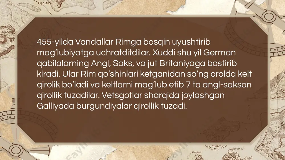 yuzaga kelgan murakkab jarayonlar bilan bog'liq bo'lib, u davrda turli o'zgarishlar sodir bo'lgan. varvar qirolliklari o'zlarining siyosiy tuzilmalarini shakllantirishda rimning merosini saqlab qolishga harakat qilgan bo'lsa-da, ularning ijtimoiy va iqtisodiy tizimlari ko'p jihatdan o'ziga xos bo'lgan. quyida ularning ijtimoiy-iqtisodiy ahvolining asosiy xususiyatlari keltirilgan:?1. ijtimoiy tuzilma?varvar qirolliklari o'zlarining ijtimoiy tuzilmalarida harbiy va patriarxal asosga tayanishgan. ularning jamiyatlari odatda quyidagi asosiy ijtimoiy sinflarga bo'lingan:?qirol va zodagonlar: qirollikning boshida turgan qirol harbiy boshliq va siyosiy rahbar hisoblangan. uning atrofida zodagonlar sinfi bo'lib, ular odatda harbiy xizmat va yerga egalik qilganlar.?harbiy elita: varvarlar o'z qirolliklarini kuchli harbiy tuzilmalar orqali himoya qilishgan. harbiy rahbarlar va jangchilar elita qatlamni tashkil qilgan va jamiyatda katta mavqega ega bo'lganlar.?erkin fuqarolar: ular o'z erlariga egalik qilgan va soliq to'lagan dehqonlar yoki hunarmandlar bo'lgan. ular jamiyatda qisman erkinlikka ega bo'lsalar ham, zodagonlarga va qirollikka bo'ysunishgan.?qullar va xizmatkorlar: rim imperiyasida bo'lgani kabi, varvar qirolliklarida ham qullik keng tarqalgan. urush asirlari va …