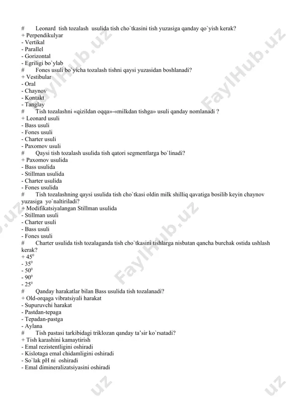 sh guruhlaridan boshlanadi? · yuqori jag`ning o`ng chaynov tishlaridan · yuqori jagning chap chaynov tishlaridan · pastki jag`ning o`ng chaynov tishlaridan · pastki jag`ning chap chaynov tishlaridan · yuqori jag`ning premolyar sohasidan # tekshirishning sub’ektiv usullariga ta’luqli: · so`roq · termodiagnostika · zondlash · rentgenologik · palpatsiya # sut prikusida qaysi tish guruhlari bo`lmaydi? · premolyarlar · molyarlar · qoziqlar · markaziy kesuvchi · yon kesuvchi # og`iz bo`shlig`ining profilaktik ko`rigi nimadan boshlanadi? · tashqi ko`rikdan · og`iz bo`shlig`i dahlizini ko`rigi · yuganchalar ko`rigi · til ko`rigi · prikus holatini aniqlash # sut prikusida tishlarning anatomik formulasini tanlang? · 2,1,0,2 · 2,1,2,3 · i,ii,iii,iv,v · 2,1,0,3 · 2,1,2,3 # yuqori lab yuganchasining kaltaligi qaysi patologik jarayonga olib keladi? · diastema · fiziologik trema · patologik trema · chuqur prikus · progeniya # bir yoshli bolalarda nechta tish bo`ladi? · 8 · 10 · 20 · 4 · 16 # 11-12 …