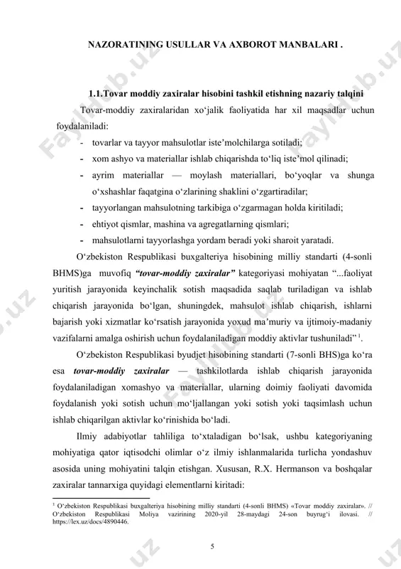 o‘lgan elementlar aks ettirilgan. xalqaro standartlar esa taʼriflar nafaqat savdo, balki ishlab chiqarish va boshqa faoliyat turlari bilan shug‘ullanuvchi kompaniyalar uchun ham qo‘llaniladigan bo‘lishi maqsadga muvofiqligini taʼkidlaydi. mamlakatimizda tovar moddiy zaxiralar (tmz)ni hisobga olish, ularni tan olish va baholash masalalari bilan ko‘pgina iqtisodchi olimlar shug‘ullanishgan. xususan, o.bobojonov va k.jumaniyozovlar tovar-moddiy zaxiralar tannarxini aniqlash usullarini yoritib o‘tishgan . g.jambakiyeva esa tovar moddiy zaxiralarning ombordagi va buxgalteriyada hisobga olish masalalariga chuqur eʼtibor qaratgan . i.ochilov va j.qurbonboyevlar tmzlarni turkumlash va baholash, ulardan foydalanishni nazorat qilish masalalariga to‘xtalib o‘tishgan . d.norbekov, a.maxmudov va d.muxammedovalar tmzlarni baholash va inventarizatsiya qilish, tmz bo‘yicha qo‘shilgan qiymat solig‘ini hisoblash masalalariga chuqur eʼtibor qaratishgan . shuningdek, iqtisodchi olimlar b.a.xasanov va a.b.akramovlar tovar-moddiy zaxiralar hisobini tashkil qilish va ular haqidagi axborotlarni moliyaviy hisobotlarda ochib berish masalalarini yoritgan . ammo yuqorida qayd etib o‘tilgan olimlarning asarlarida xorijiy amaliyotda qabul qilingan zaxiralarning ishlab chiqarishga sarflanishi jarayonida ularni baholash usullari va xalqaro …